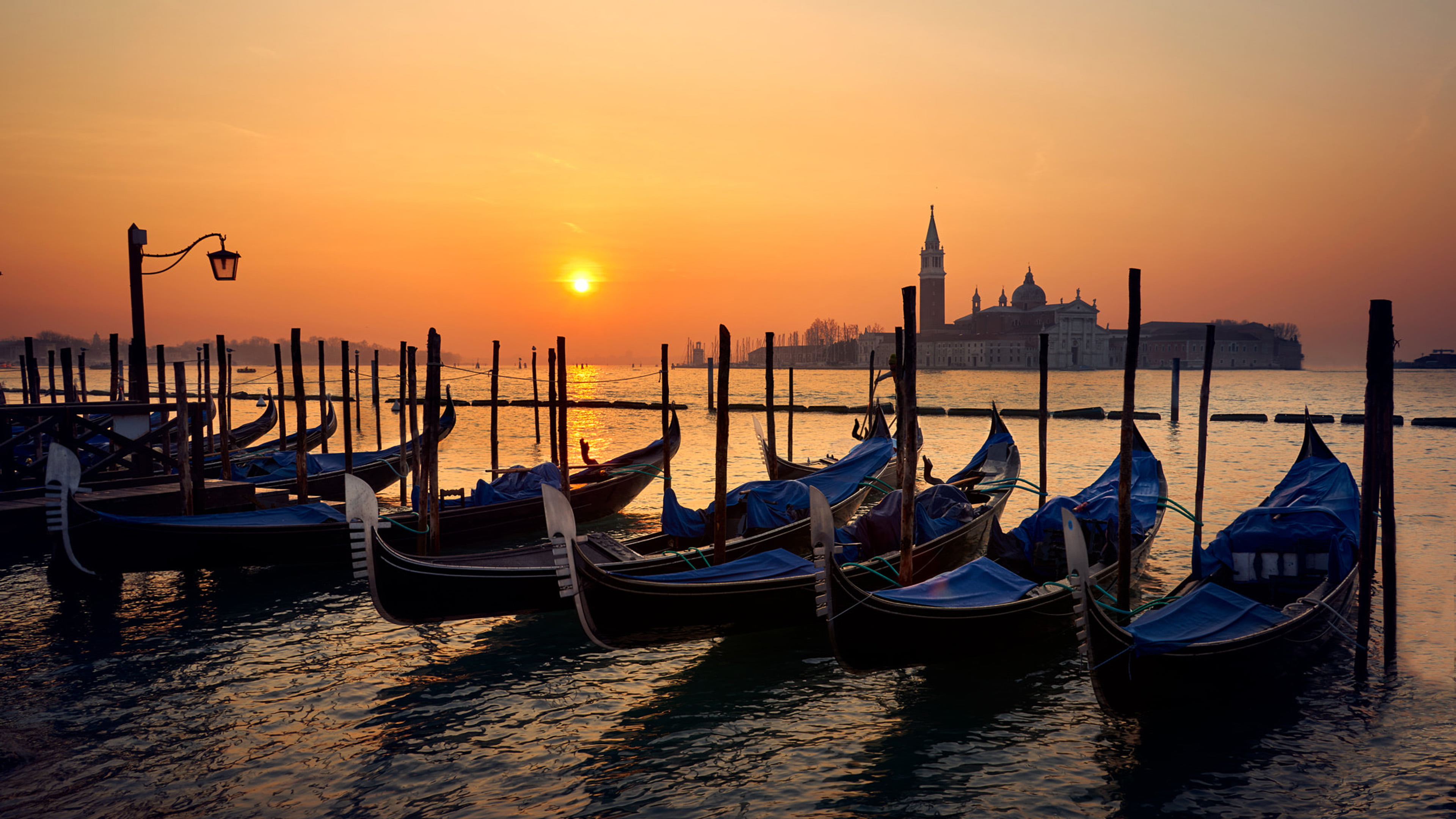 san, moored, sea, 4K, gondola - traditional boat, travel destinations, sky, orange color, architecture, nautical vessel, transportation, water, HD Wallpaper