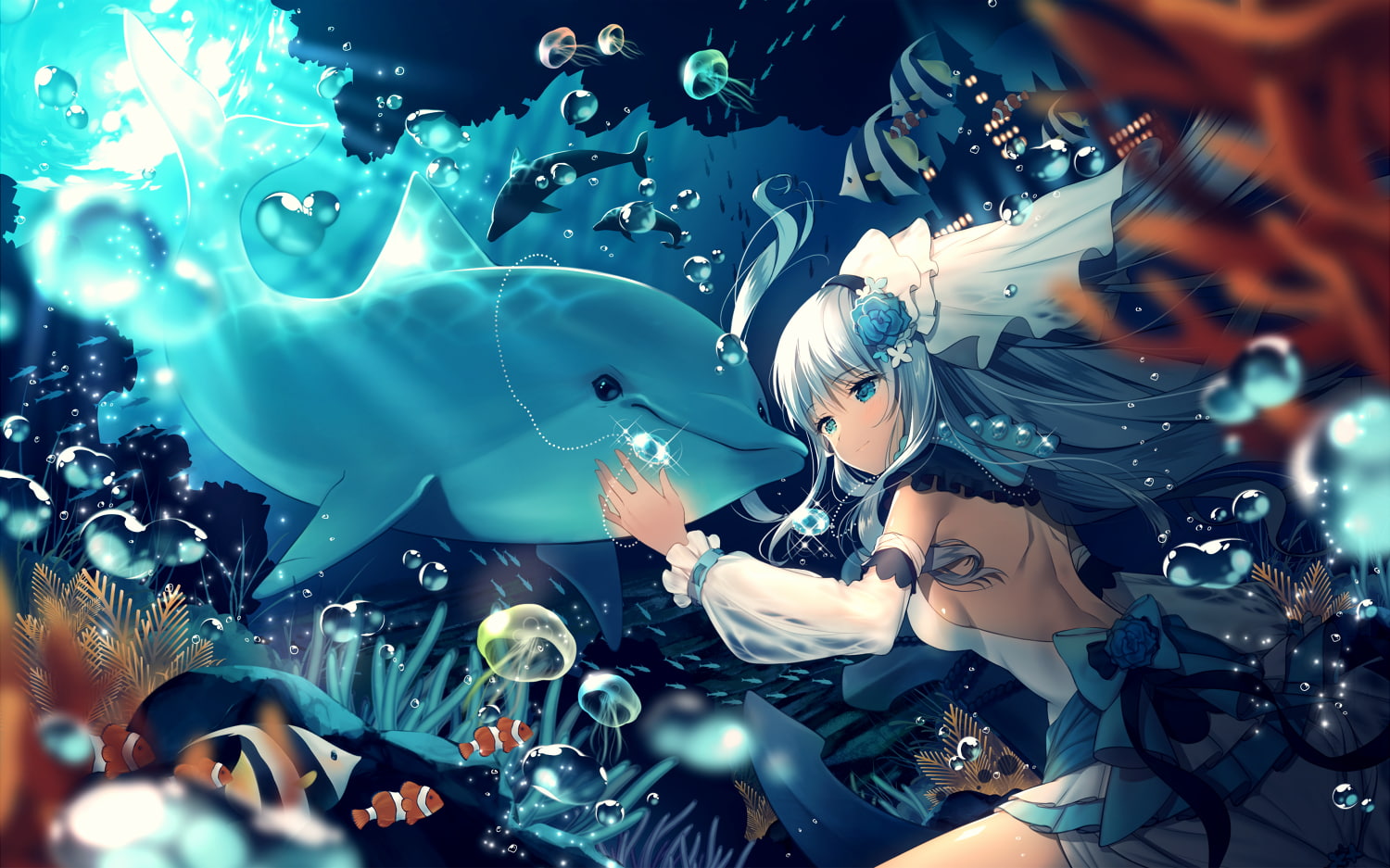 dauphin, anime, underwater, 720P, water, anime girls, original characters, dolphin, HD Wallpaper