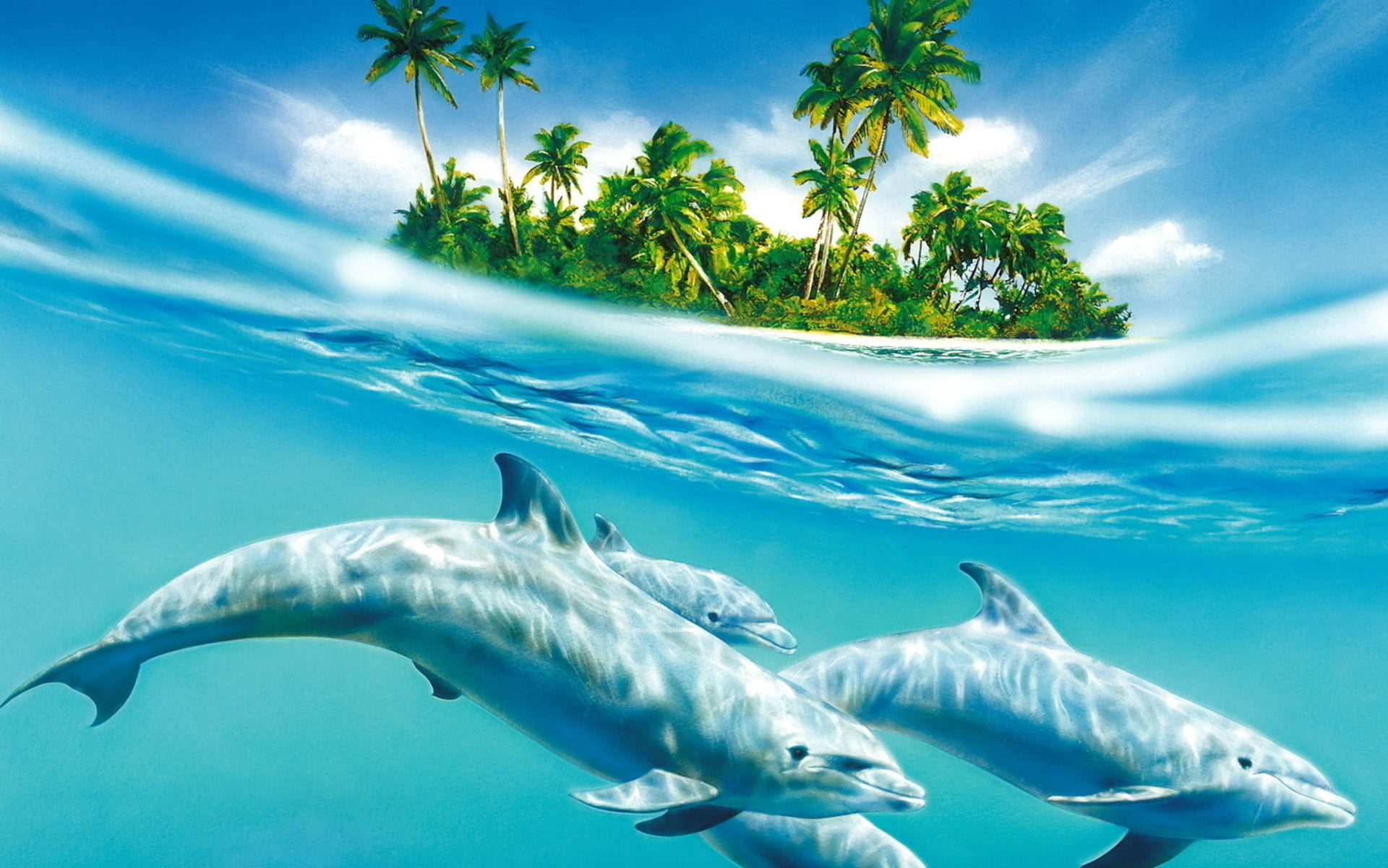 animal wildlife, undersea, shark, underwater, wildlife, outdoors, dolphin, swimming, nature, wind, water, waves, painting, no people, sea, vacations, palm tree, HD Wallpaper