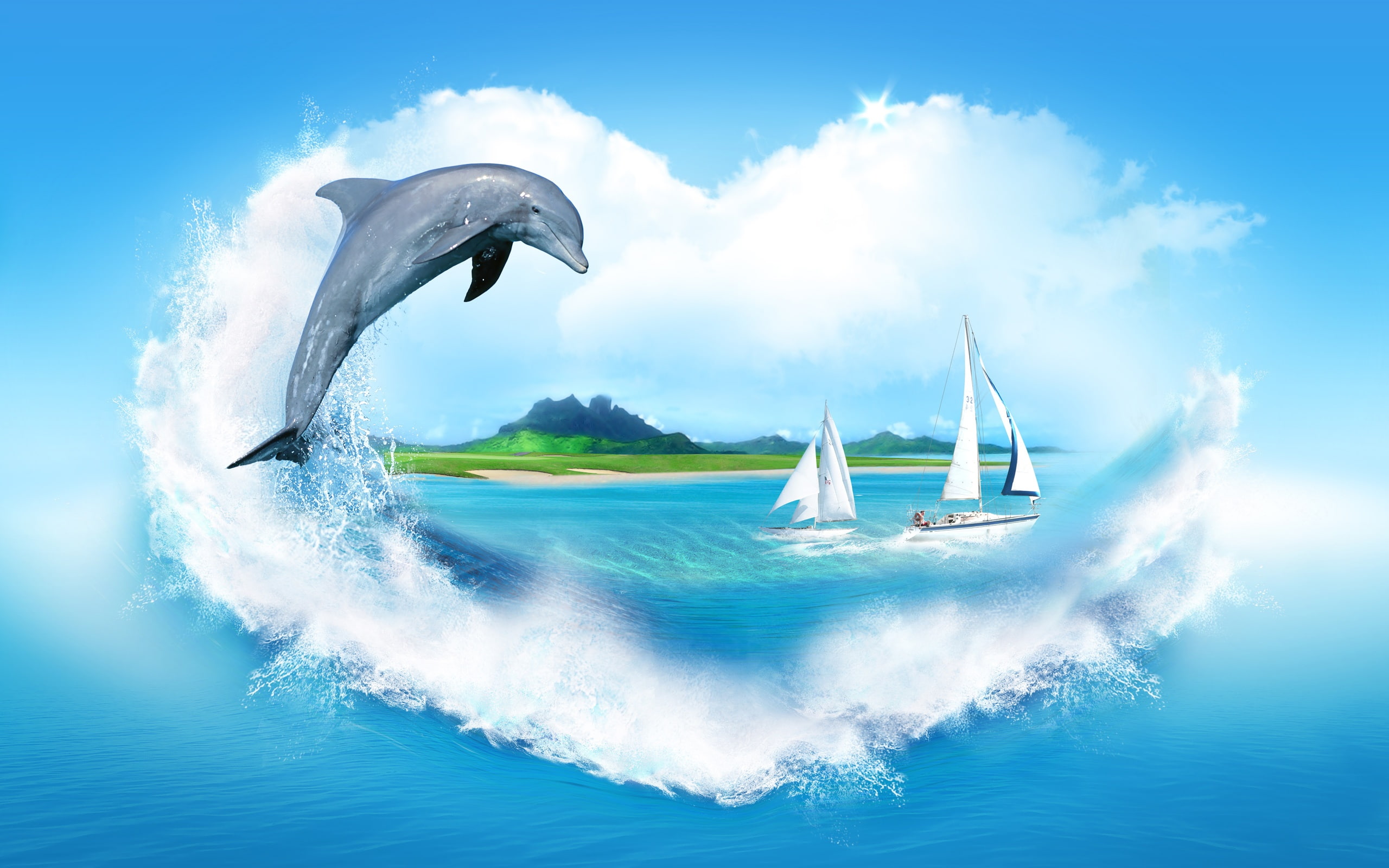Creative, shaped, 2K, Sailing, Heart, Dolphin, Image, Sea, Clouds, HD Wallpaper
