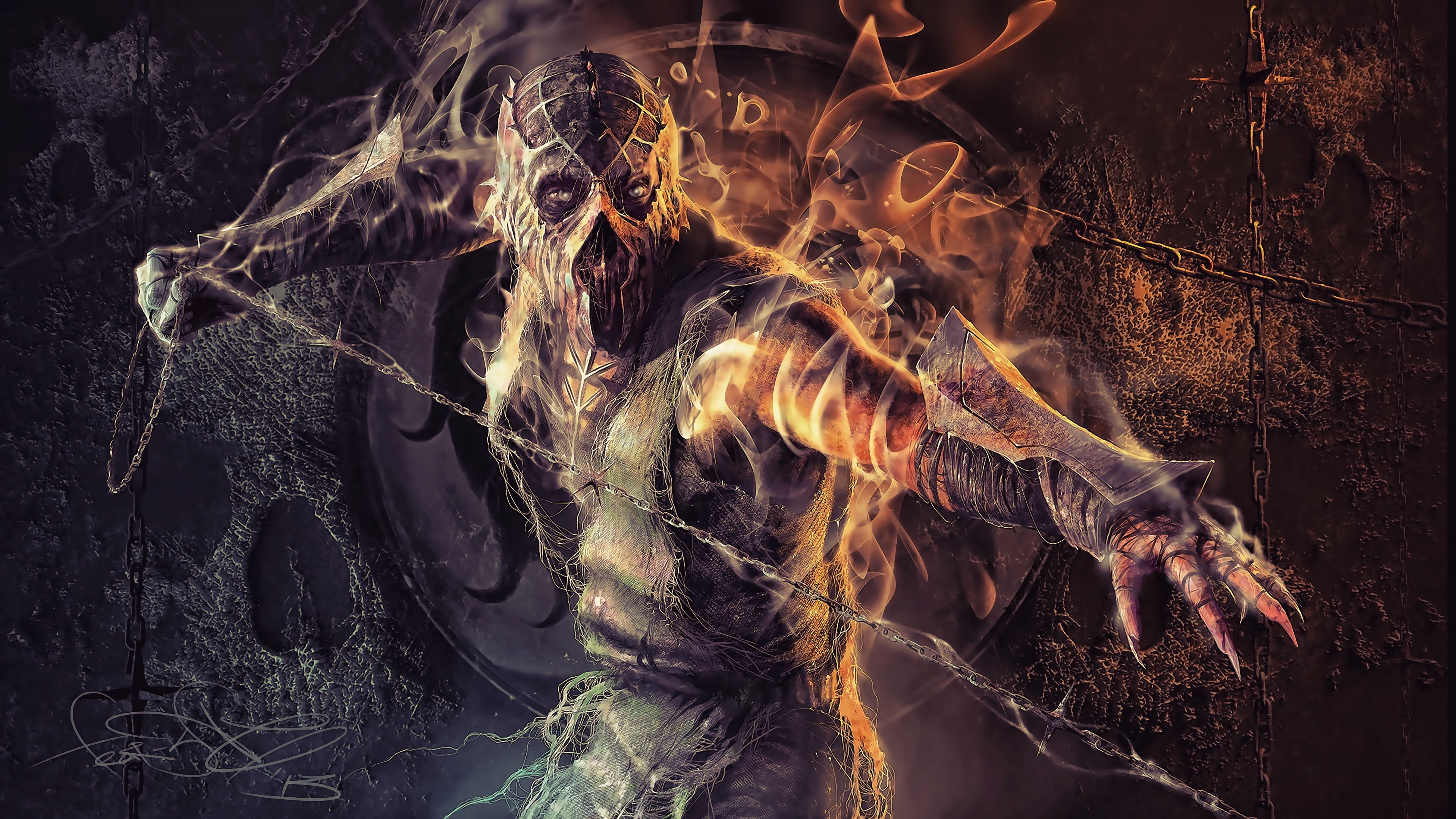 fantasy art, illuminated, hair, digital composite, nature, real people, adult, 4K, pattern, Mortal Kombat, artwork, chains, video games, multiple exposure, HD Wallpaper