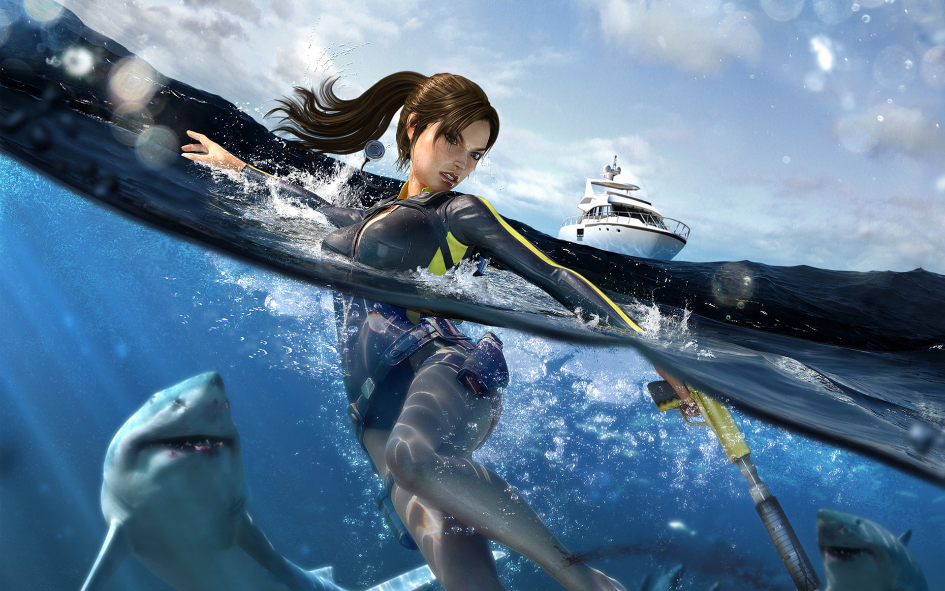 woman, video games, sport, outdoors, Tomb Raider, underwater, sea, adventure, sharks, young adult, mode of transportation, water, real people, boat, nature, HD Wallpaper
