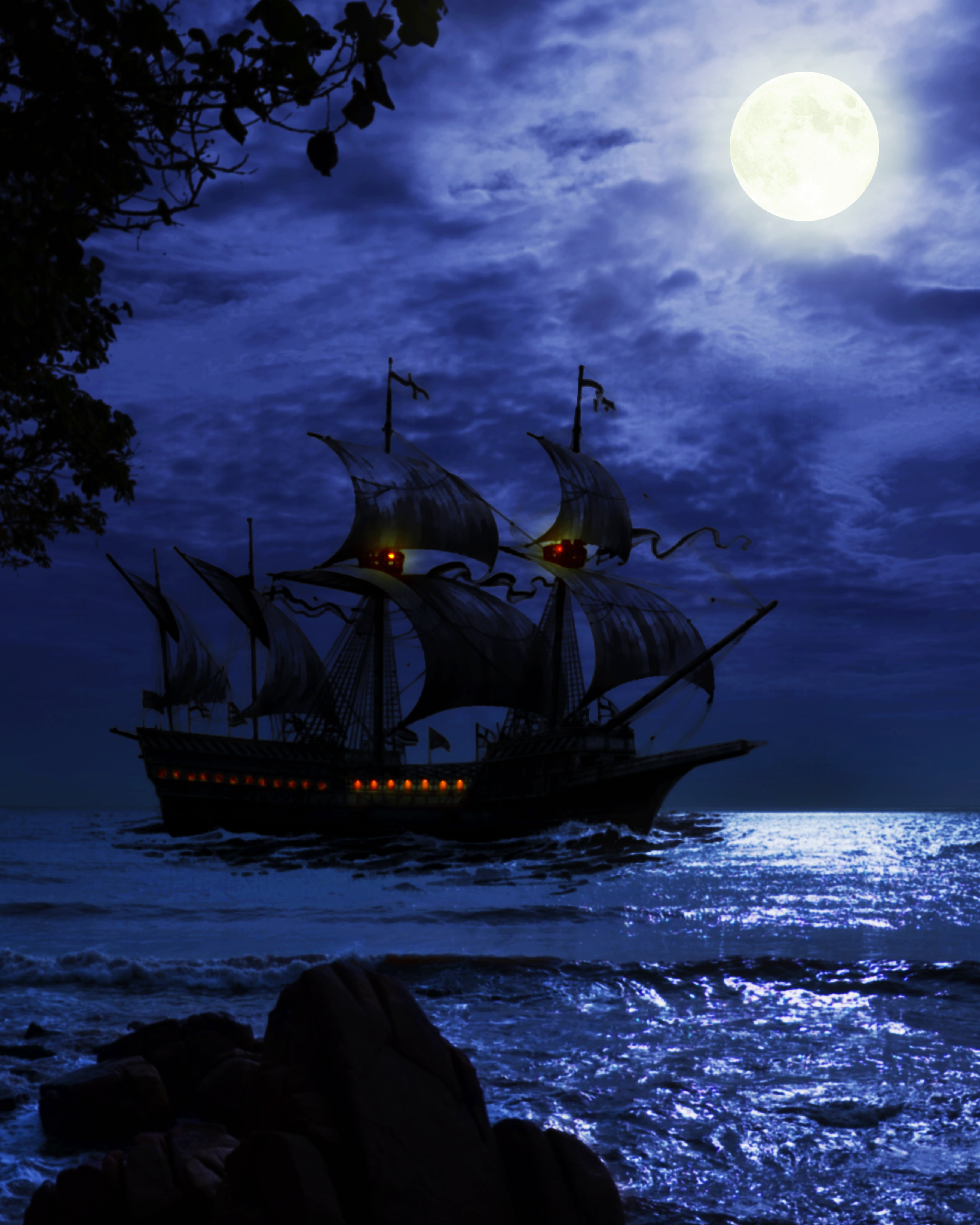 military Ship, yacht, passenger Ship, waves, cultures, ship, night, cloud - sky, sail, sailboat, moonlight, transportation, sea, travel, art, tall Ship, Phone HD Wallpaper