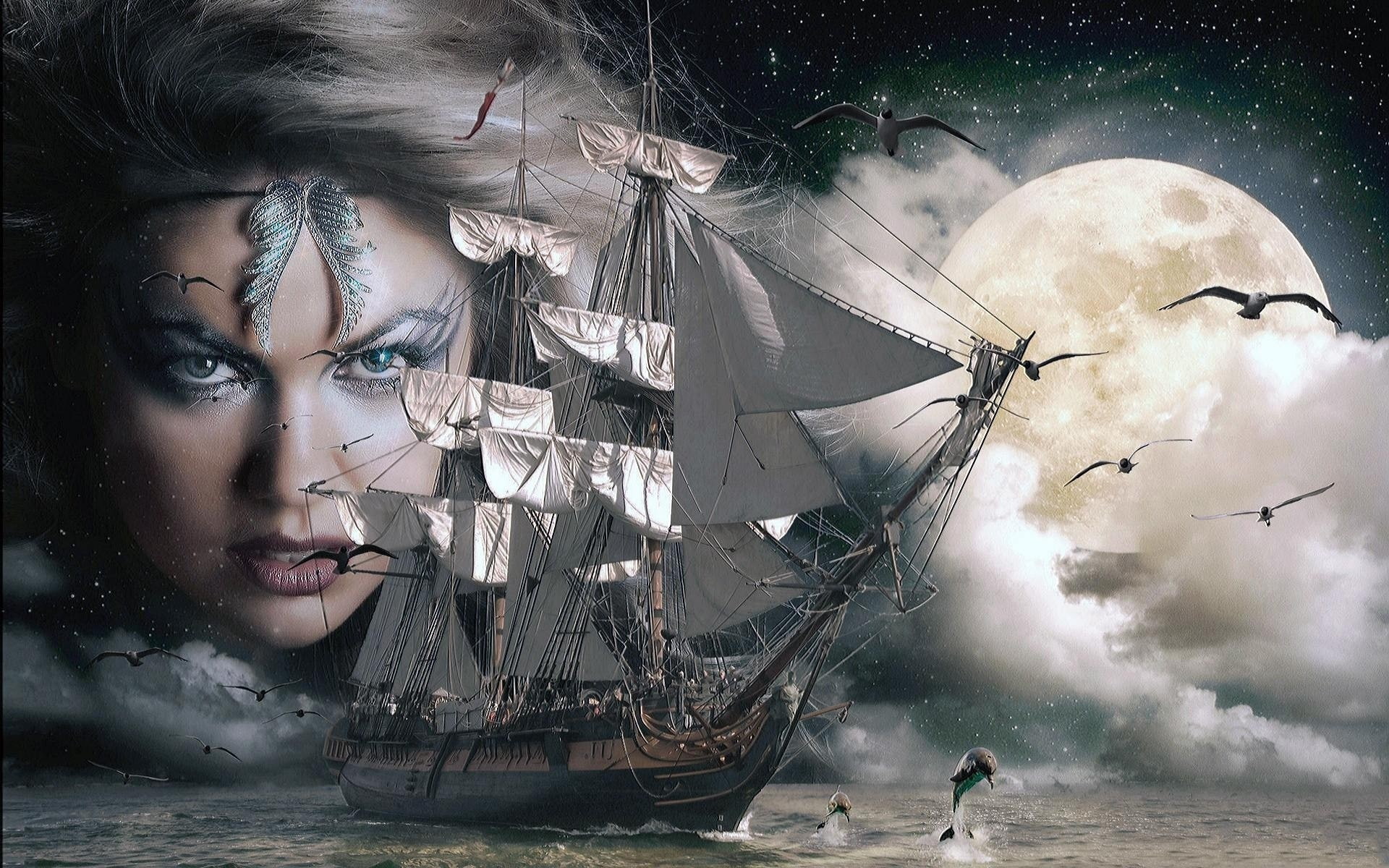 clouds, contemplation, 1080P, water, women, birds, face, witch, nautical vessel, outdoors, sea, one person, ship, mode of transportation, human face, transportation, HD Wallpaper
