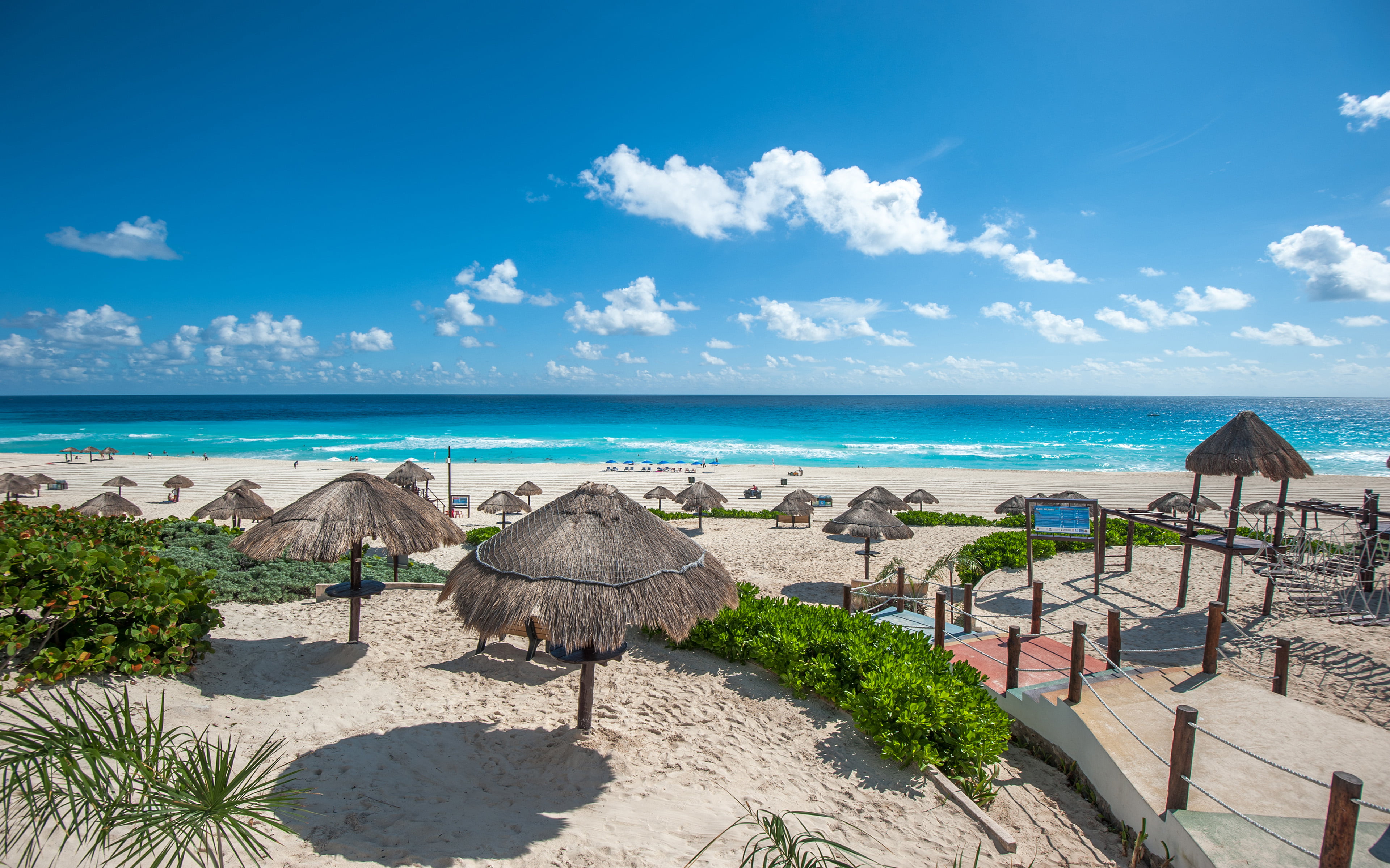 water, thatched roof, horizon, tranquility, panorama, cloud - sky, mexico, beach, roof, tranquil scene, dolphin, sunlight, sky, day, 4K, horizon over water, HD Wallpaper