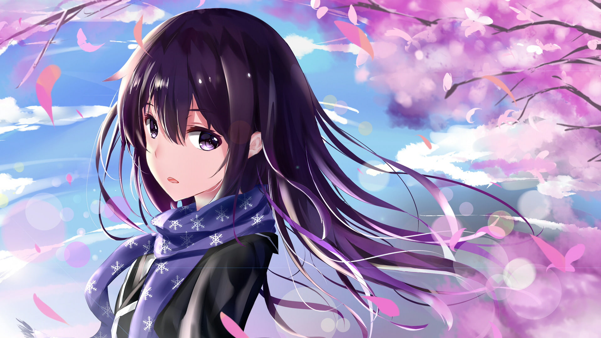 Purple Eyes, My Teen Romantic Comedy SNAFU, Girl, Anime, 1080P, Long Hair, Yukino Yukinoshita, Blossom, Purple Hair, Scarf, HD Wallpaper