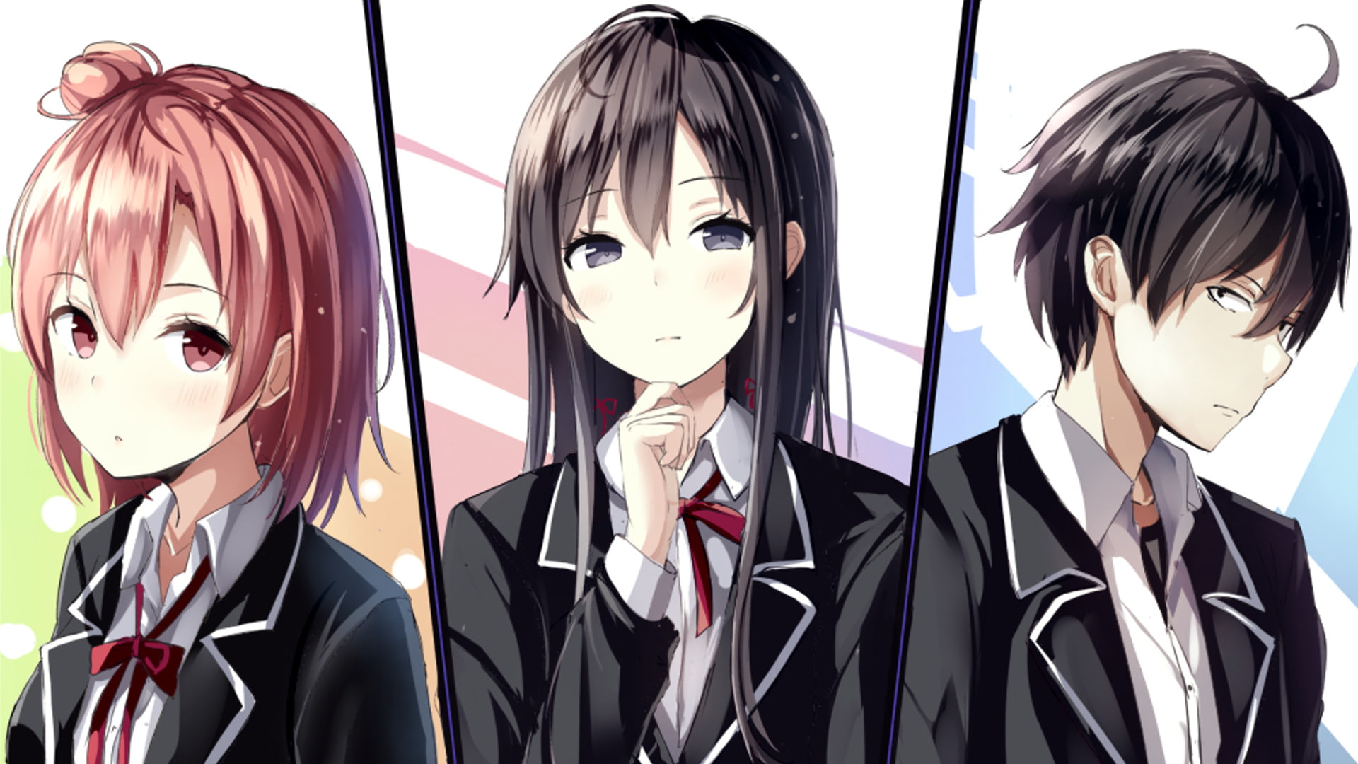 Short Hair, My Teen Romantic Comedy SNAFU, Hachiman Hikigaya, Pink Hair, Black Hair, School Uniform, Long Hair, Anime, Boy, Yui Yuigahama, Yukino Yukinoshita, HD Wallpaper