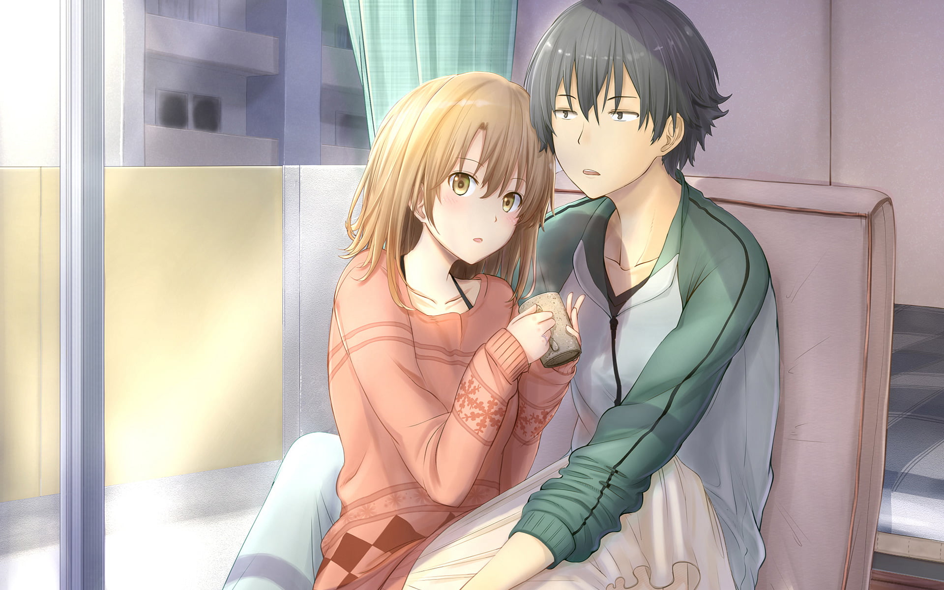 waist up, window, Hikigaya Hachiman, leisure activity, indoors, female likeness, bonding, females, people, 1080P, two people, real people, front view, HD Wallpaper