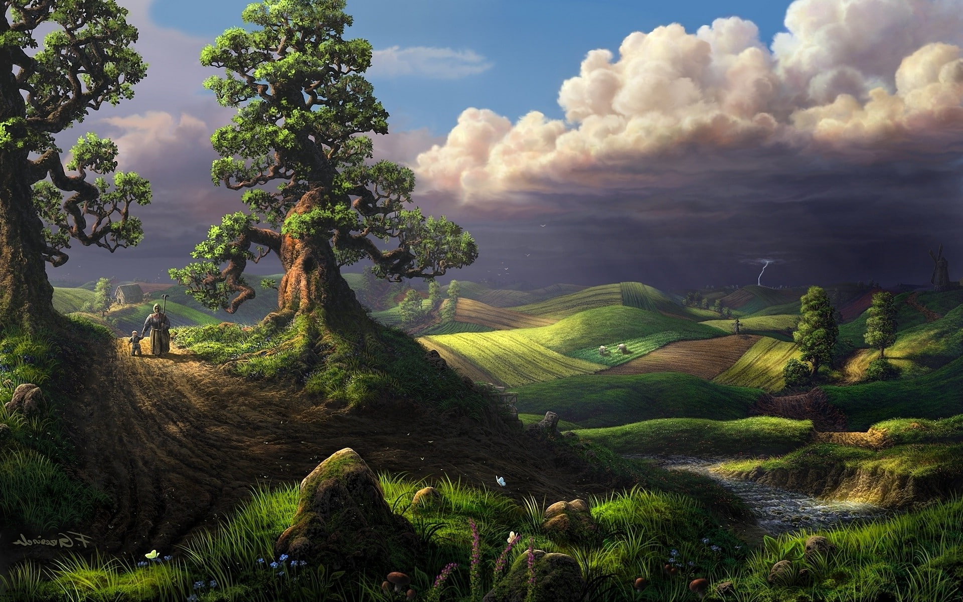 non-urban scene, Stream, land, fantasy Art, idyllic, clouds, scenics - nature, growth, 1080P, Trees, Hill, tranquil scene, house, rock, grass, outdoors, HD Wallpaper
