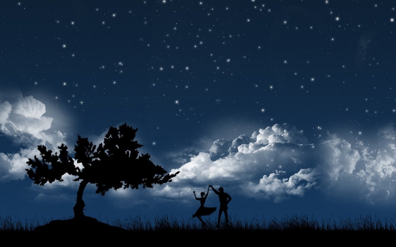 minimalism, men, women, digital, 1280x800 px, dancer, hd, stars, tr, nature, people, px, 720P, x, Trees, art, Couple, digital art, Clouds, dancing, night, HD Wallpaper