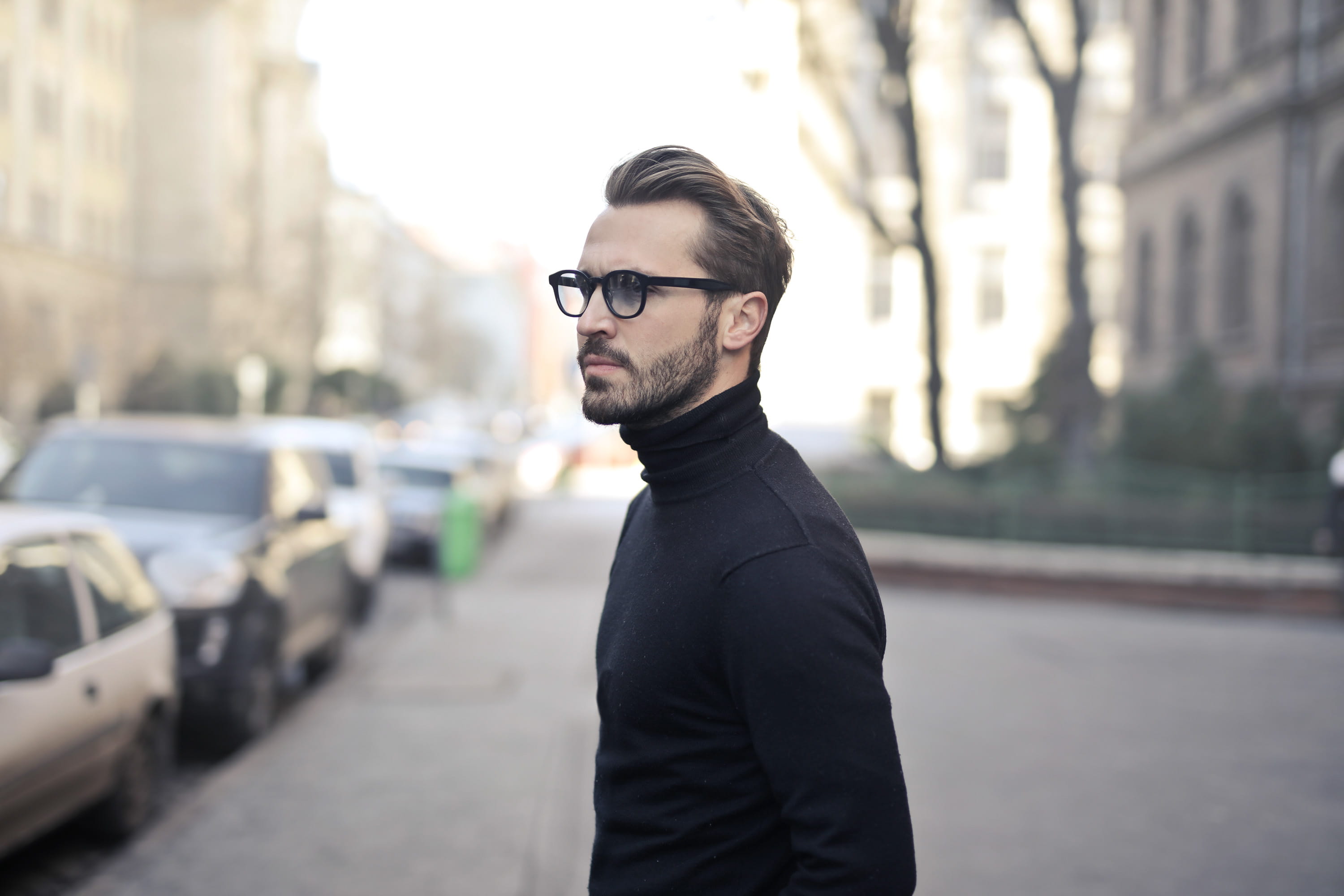 eyeglasses, Stubble, turtleneck, turtleneck sweater, posing, black beard, 2K, urban, fashion, city, bearded, young, looking, young adult man, 30-35 years old, HD Wallpaper