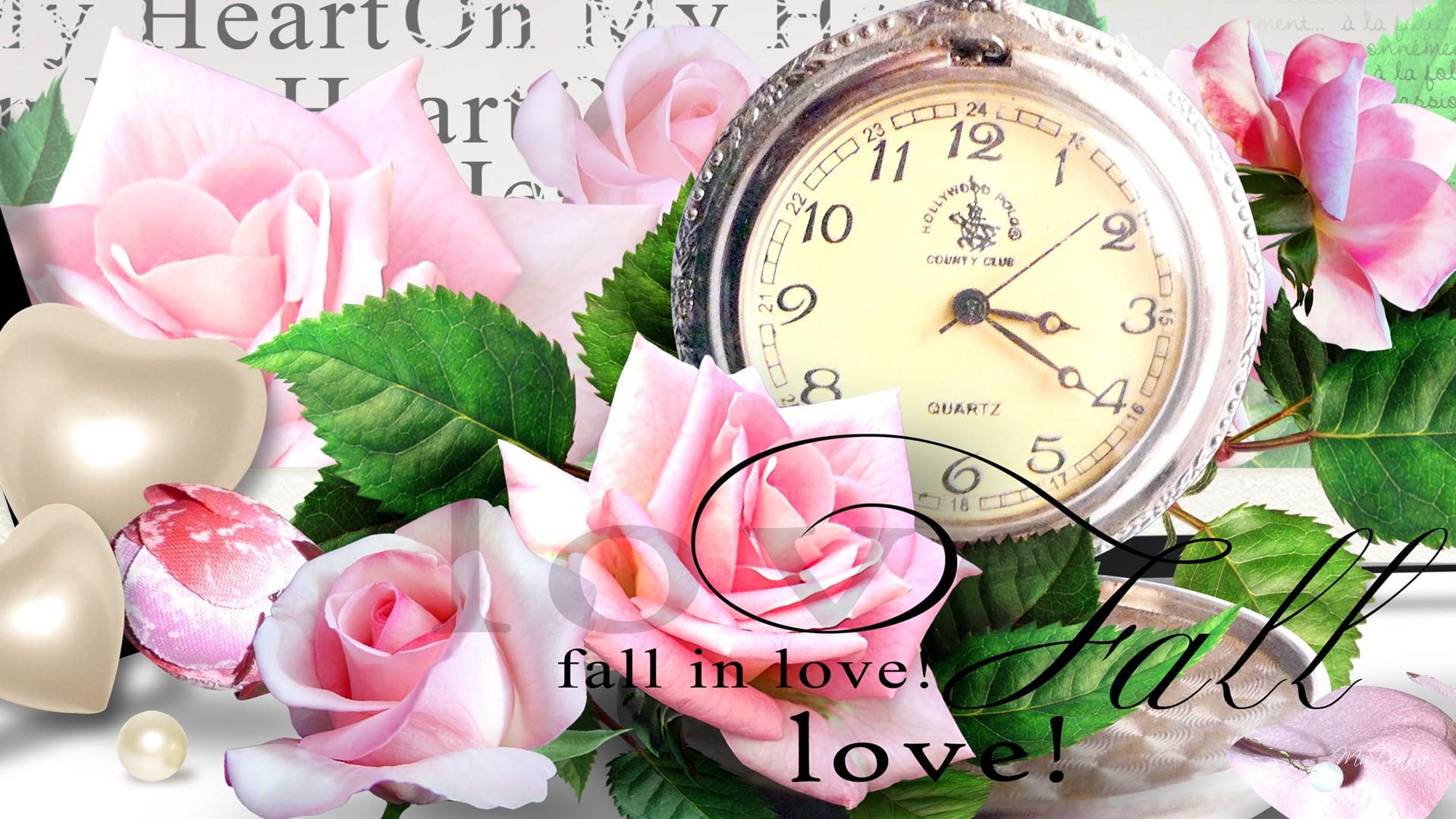romance, 1080P, fall, leaves, pink roses, clock, flowers, time, pink, nature and lan, romantic, rose, valentines day, love, HD Wallpaper