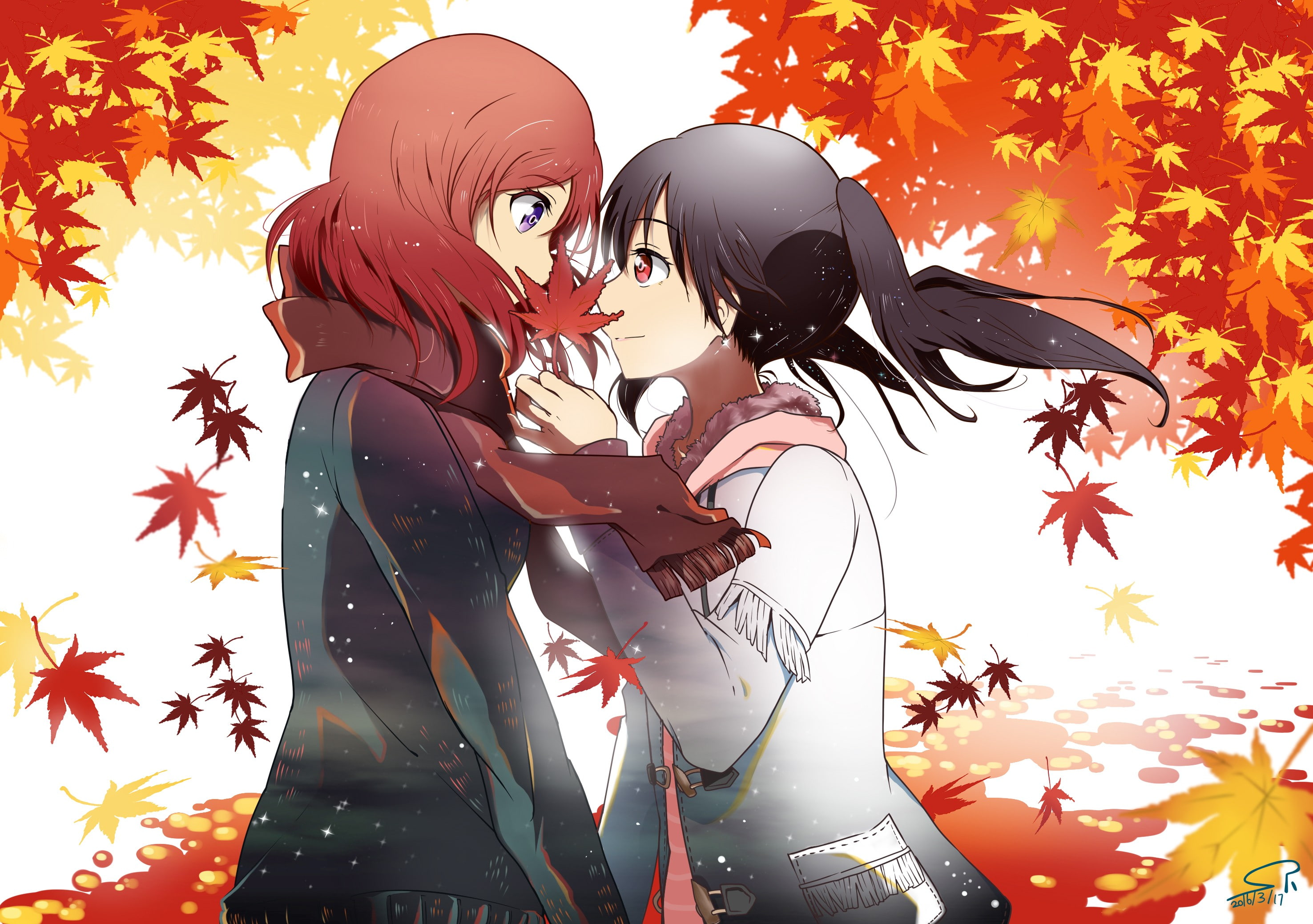 art and craft, digital composite, celebration, 2K, fall, female likeness, scarf, leaves, autumn, indoors, Love Live!, creativity, representation, Nishikino Maki, HD Wallpaper