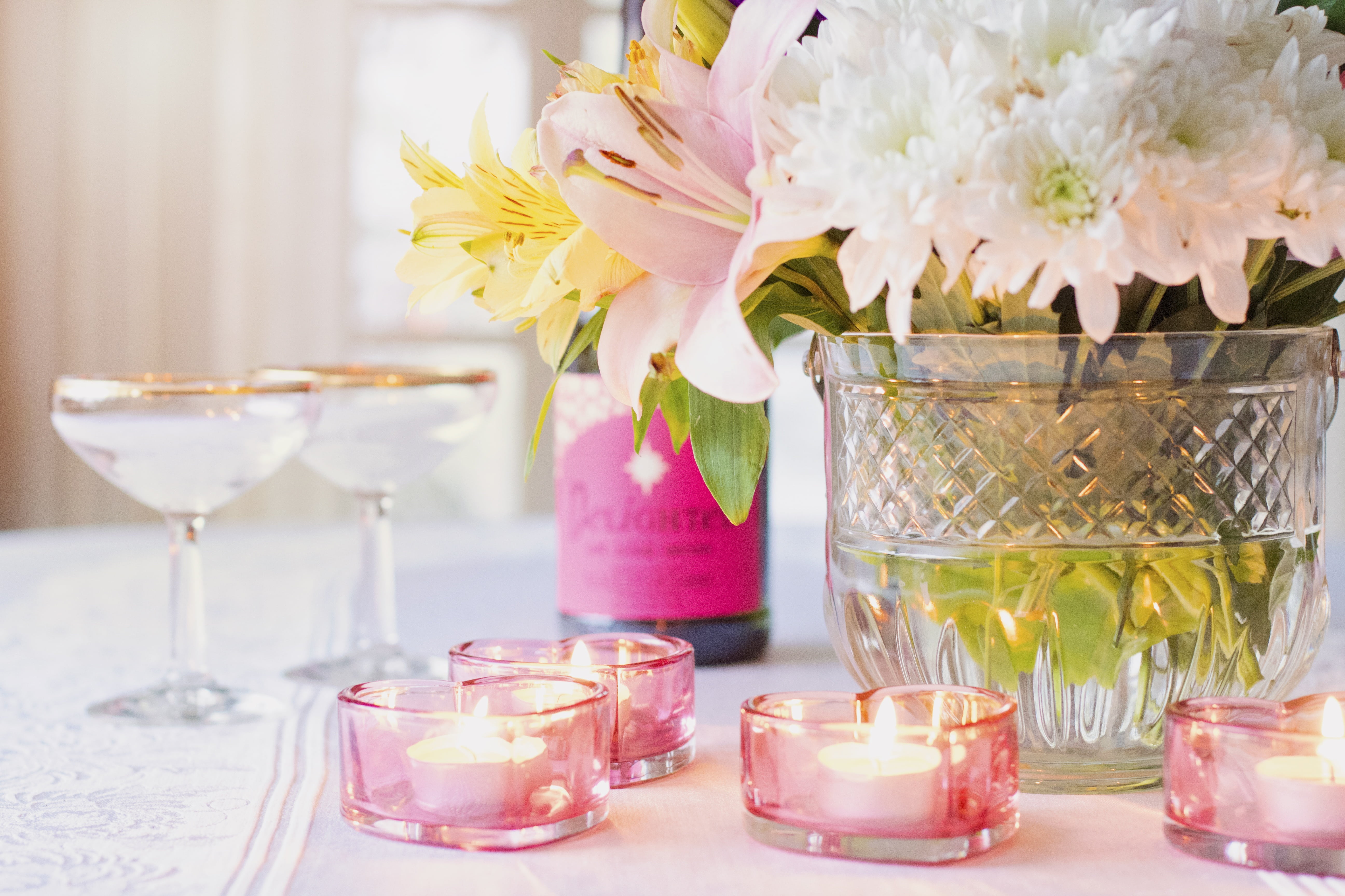 couple, freshness, holiday, gold, fizz, cocktail, vase, romantic, champagne glasses, valentine, votive, beauty in nature, pink color, luxury, congratulations, HD Wallpaper