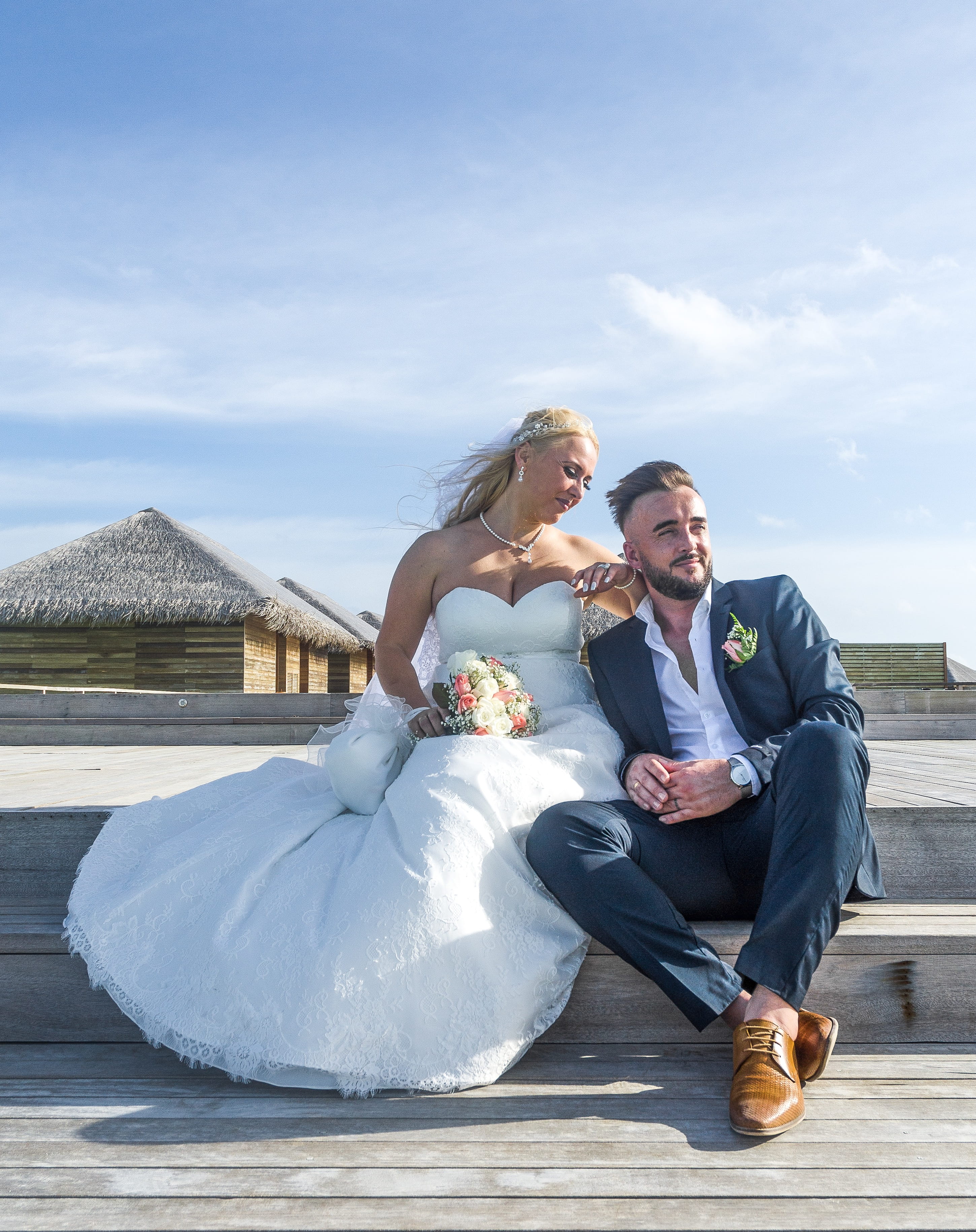 man, jacket, bride, young adult, girl, veil, 2K, adult, smile, groom, sitting, portrait, couple, white, love, couple - relationship, sit, summer, bouquet, Phone HD Wallpaper