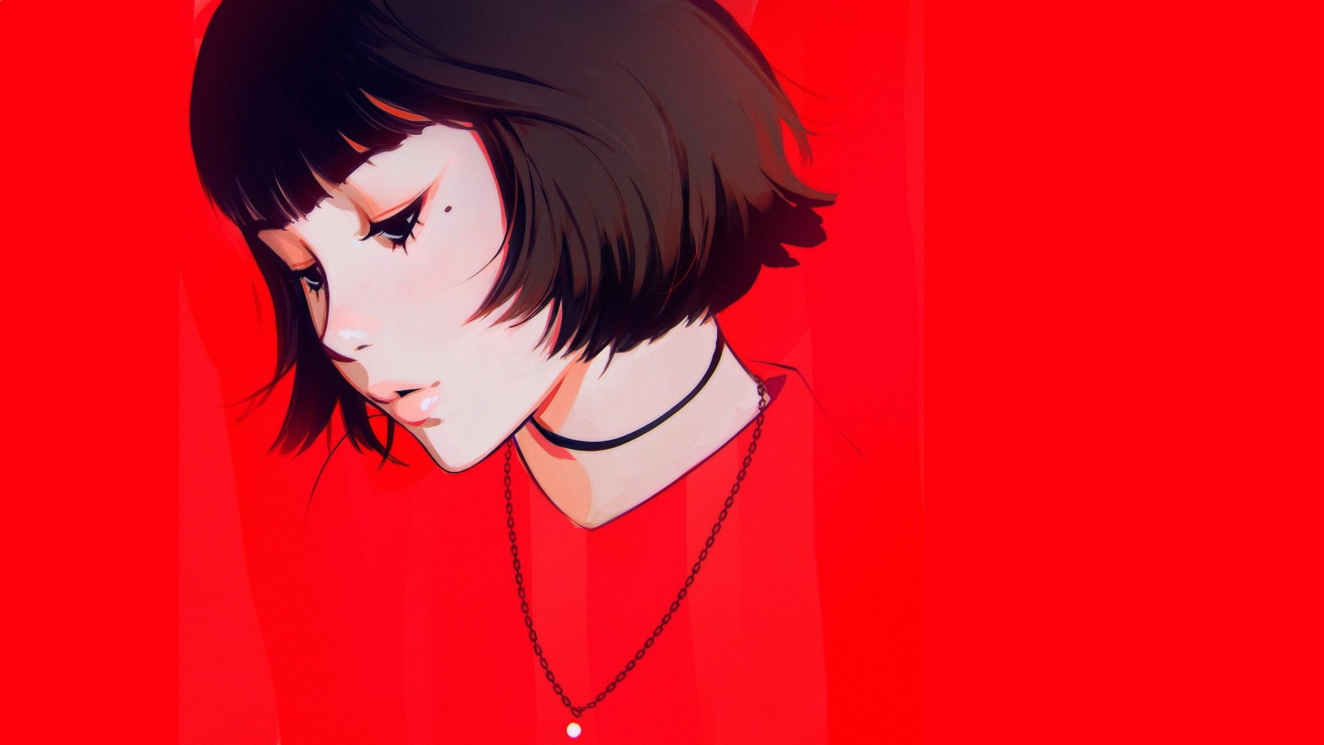 1080P, haircut, the chain around his neck, face, red background, mole, sponge, portrait of a girl, Ilya Kuvshinov, bangs, HD Wallpaper