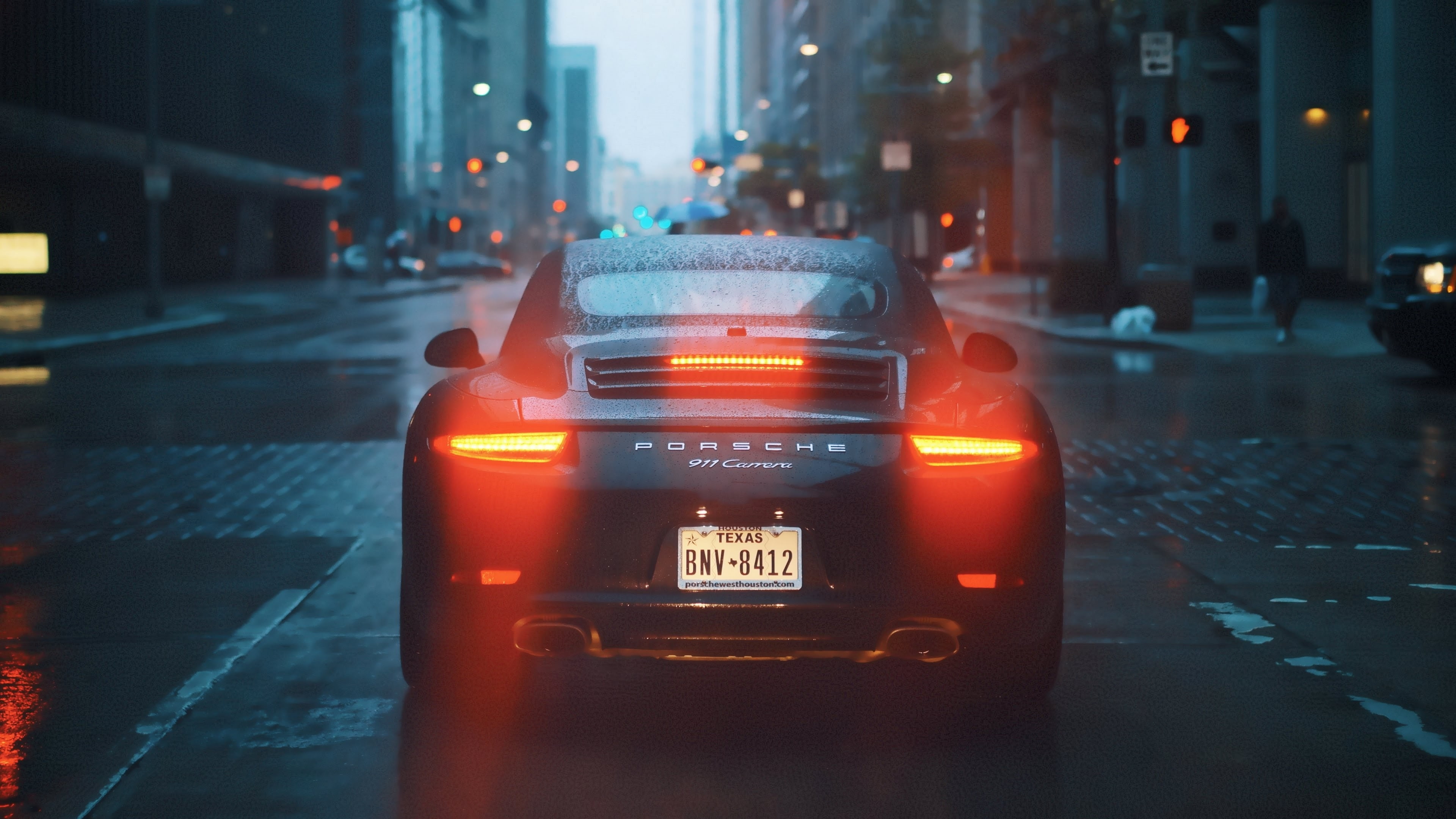 city life, mode of transportation, dusk, road, city street, communication, raining, sign, lights, back view, black, 4K, Vehicle, motor vehicle, street, HD Wallpaper