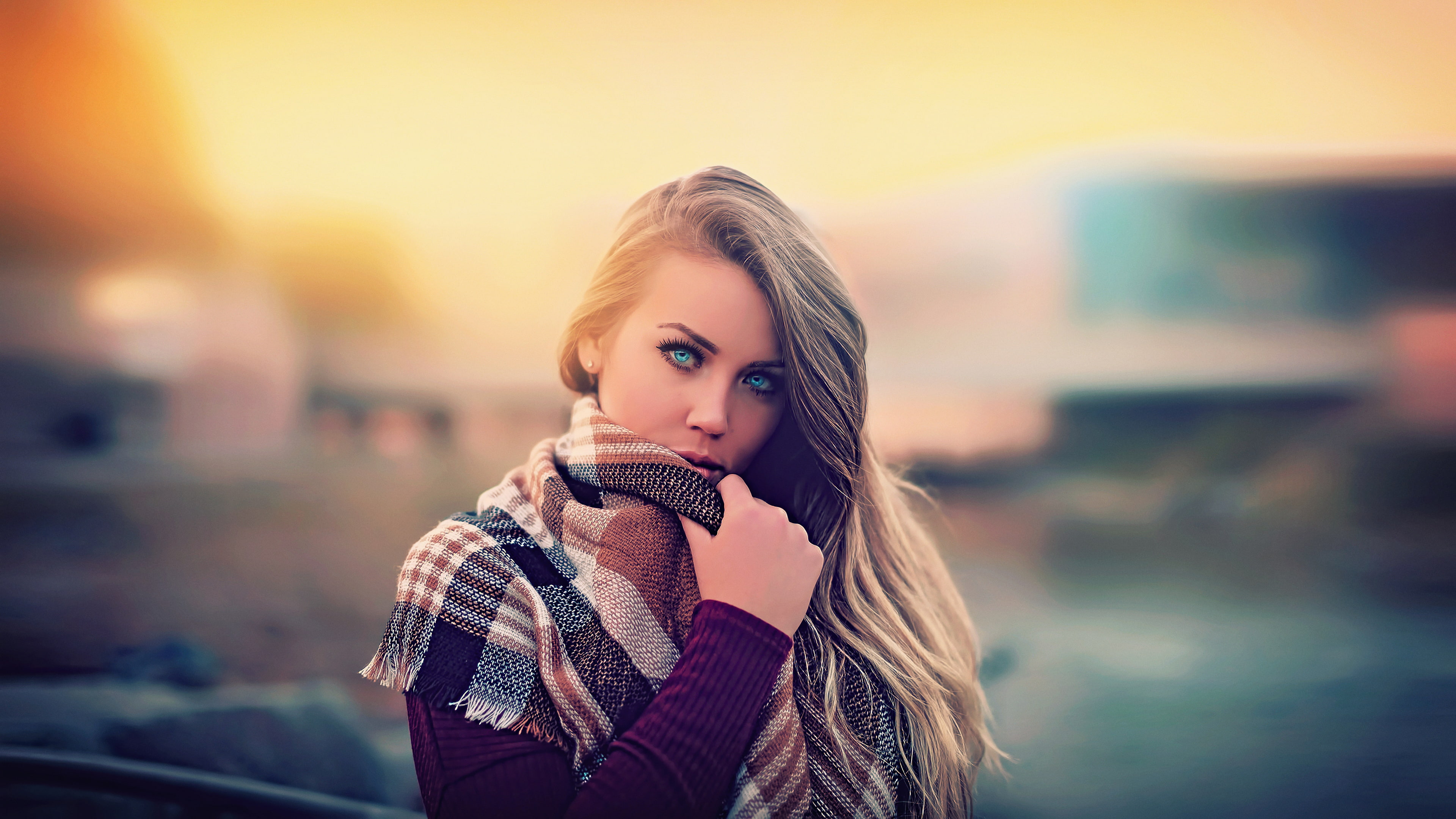 long hair, women, scarf, outdoors, lifestyles, beautiful woman, one person, 4K, headshot, model, beautiful people, young women, hair, blond hair, hairstyle, HD Wallpaper