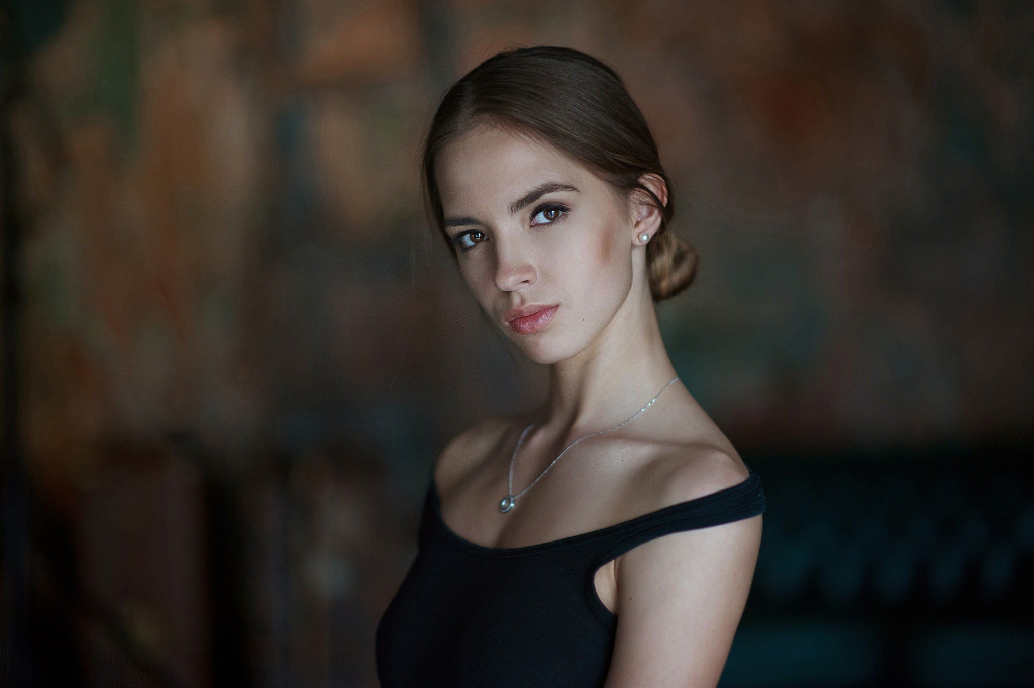 one person, contemplation, face, women, indoors, headshot, focus on foreground, brown hair, hairstyle, fashion, beauty, beautiful woman, young adult, Victoria Lukina, HD Wallpaper