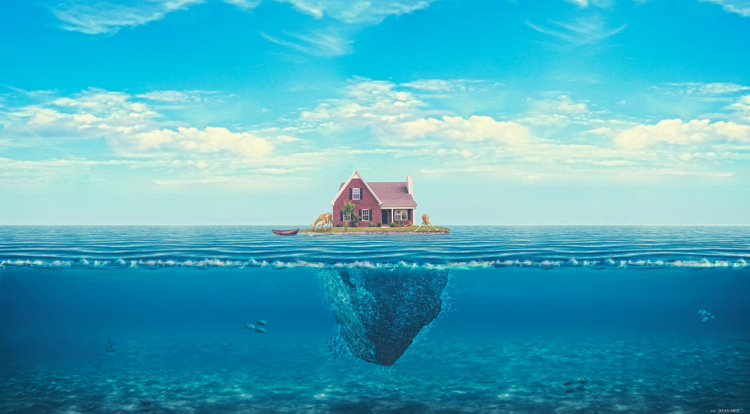 2K, brown, sky, outdoors, house, beach, hdr, blue, horizon, day, built structure, building exterior, Aero, ocean, sea, fantacy, white, illustration, digital composite, HD Wallpaper