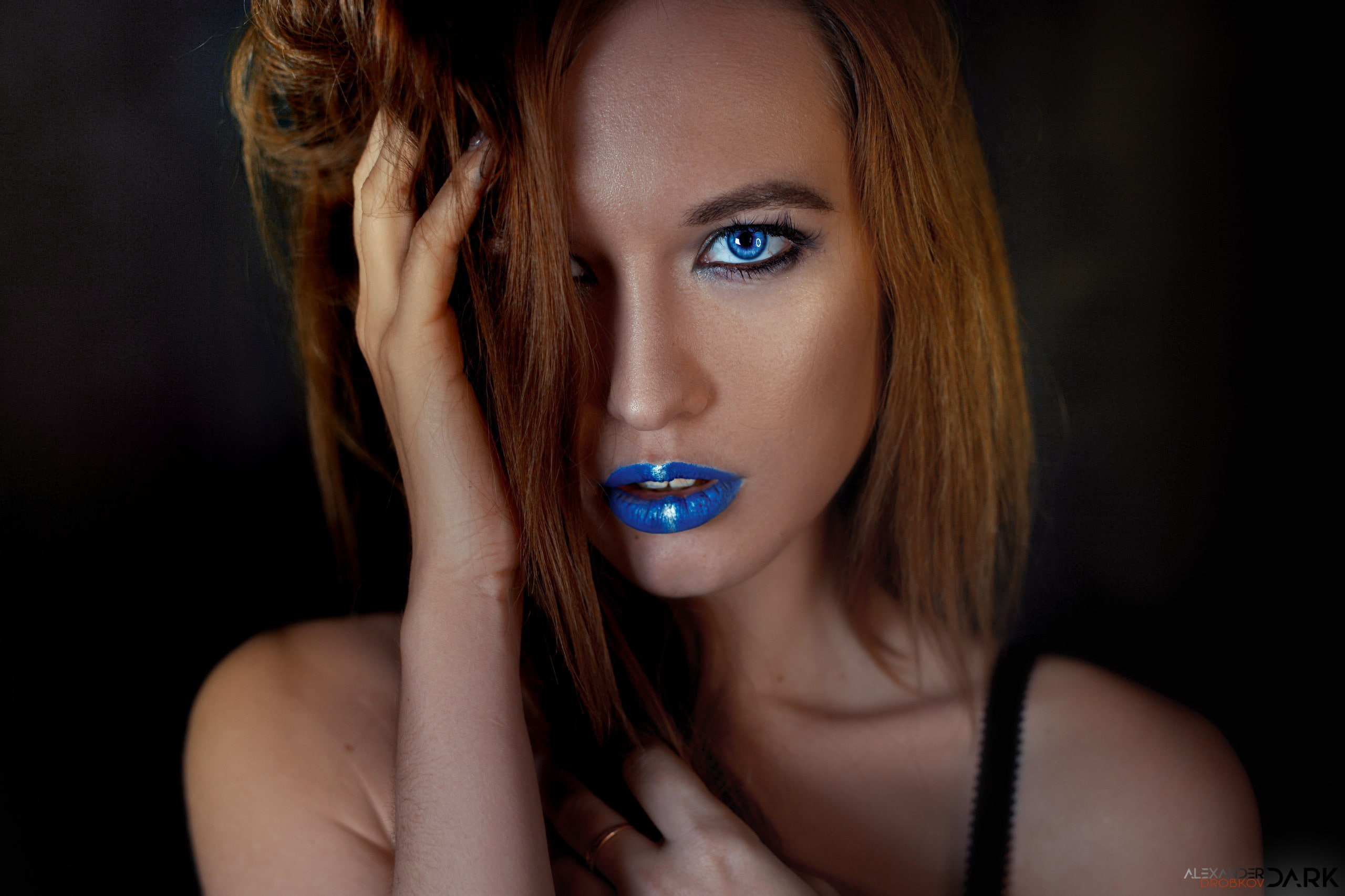 blue eyes, young adult, long hair, one person, indoors, headshot, hairstyle, adult, looking at camera, makeup, eye, black background, 2K, beautiful people, HD Wallpaper