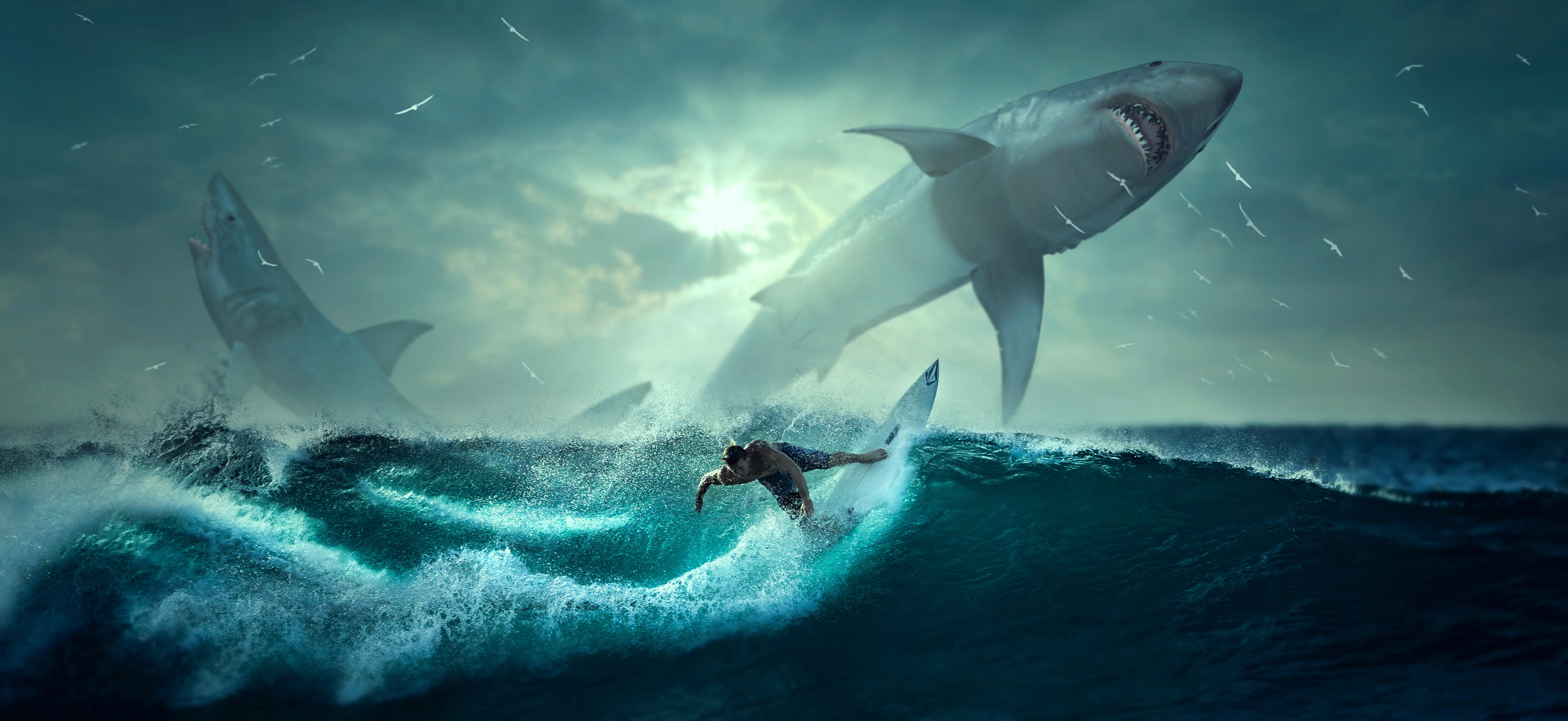 outdoors, mood, sea, motion, surreal, fantasy, men, marine, wave, power in nature, underwater, surfboard, ocean, man, dangerous, adventure, scary, illustration, HD Wallpaper