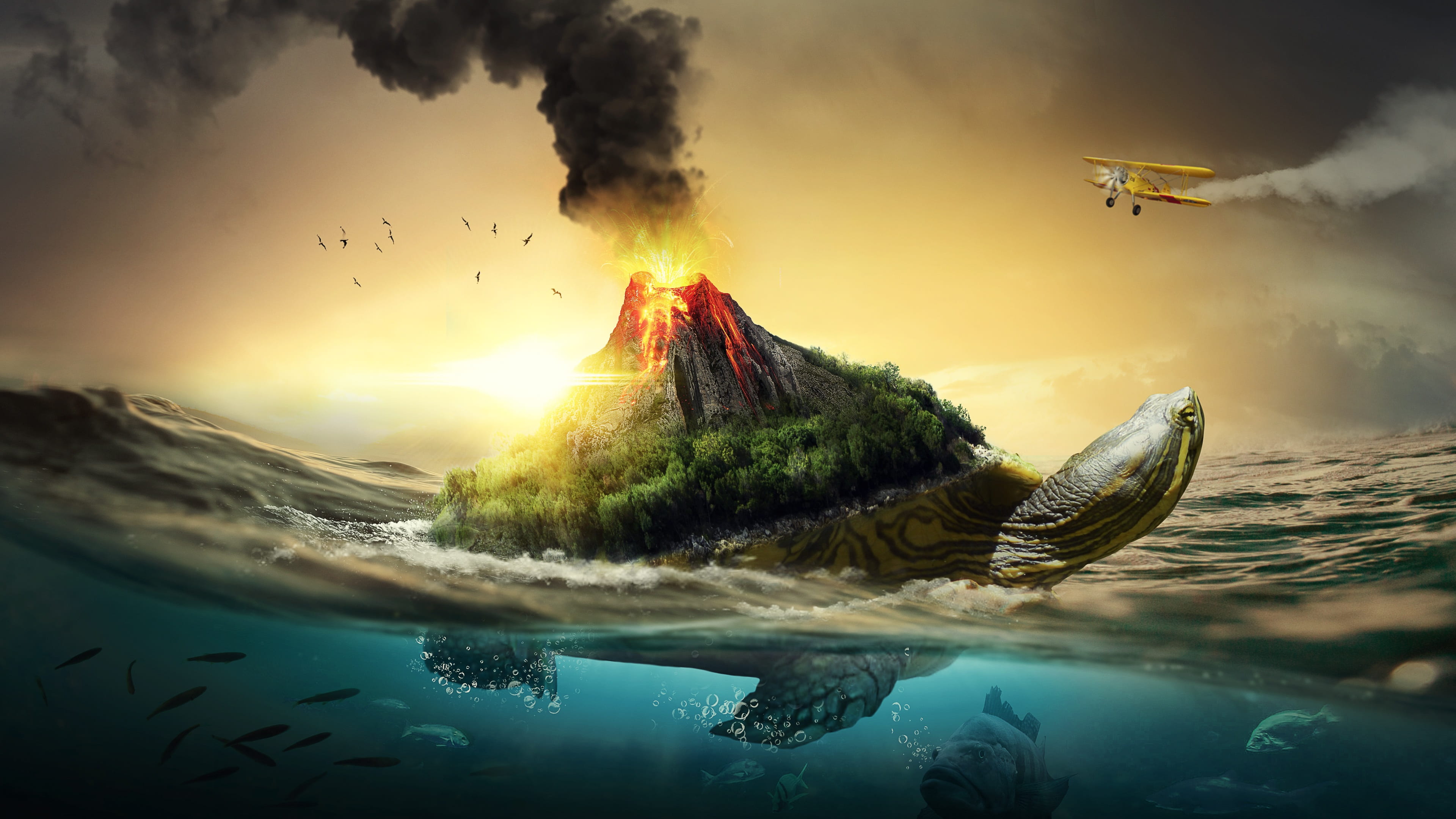 volcano, transportation, 4K, fish, burning, animal, fire, digital composite, nature, ocean, no people, fantasy, sun, outdoors, cloud - sky, aircraft, sunlight, HD Wallpaper