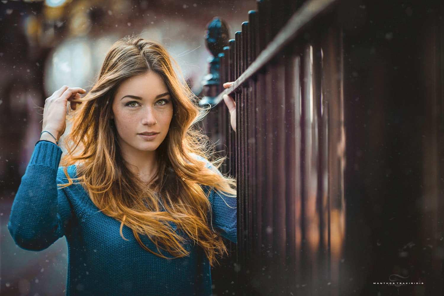 long hair, hair, architecture, women, sweater, model, looking at camera, blonde, portrait, young women, snow, beauty, Manthos Tsakiridis, 720P, brunette, HD Wallpaper