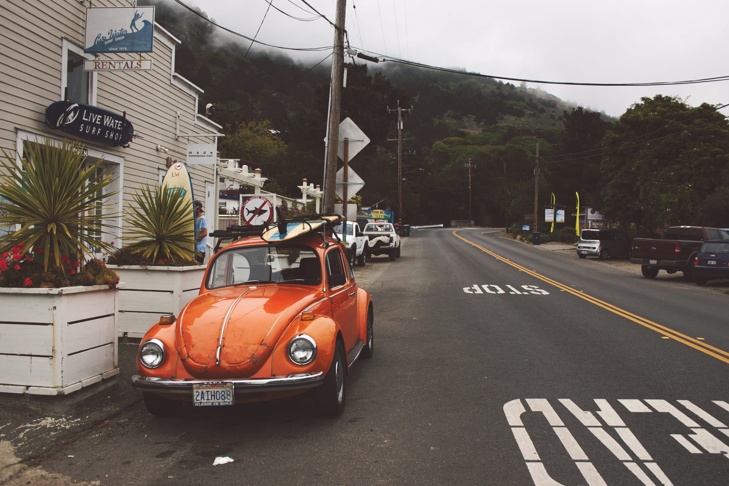 building exterior, auto, tree, building, text, orange, parked, retro, day, coupe, near, road, car, motor vehicle, mode of transportation, architecture, HD Wallpaper