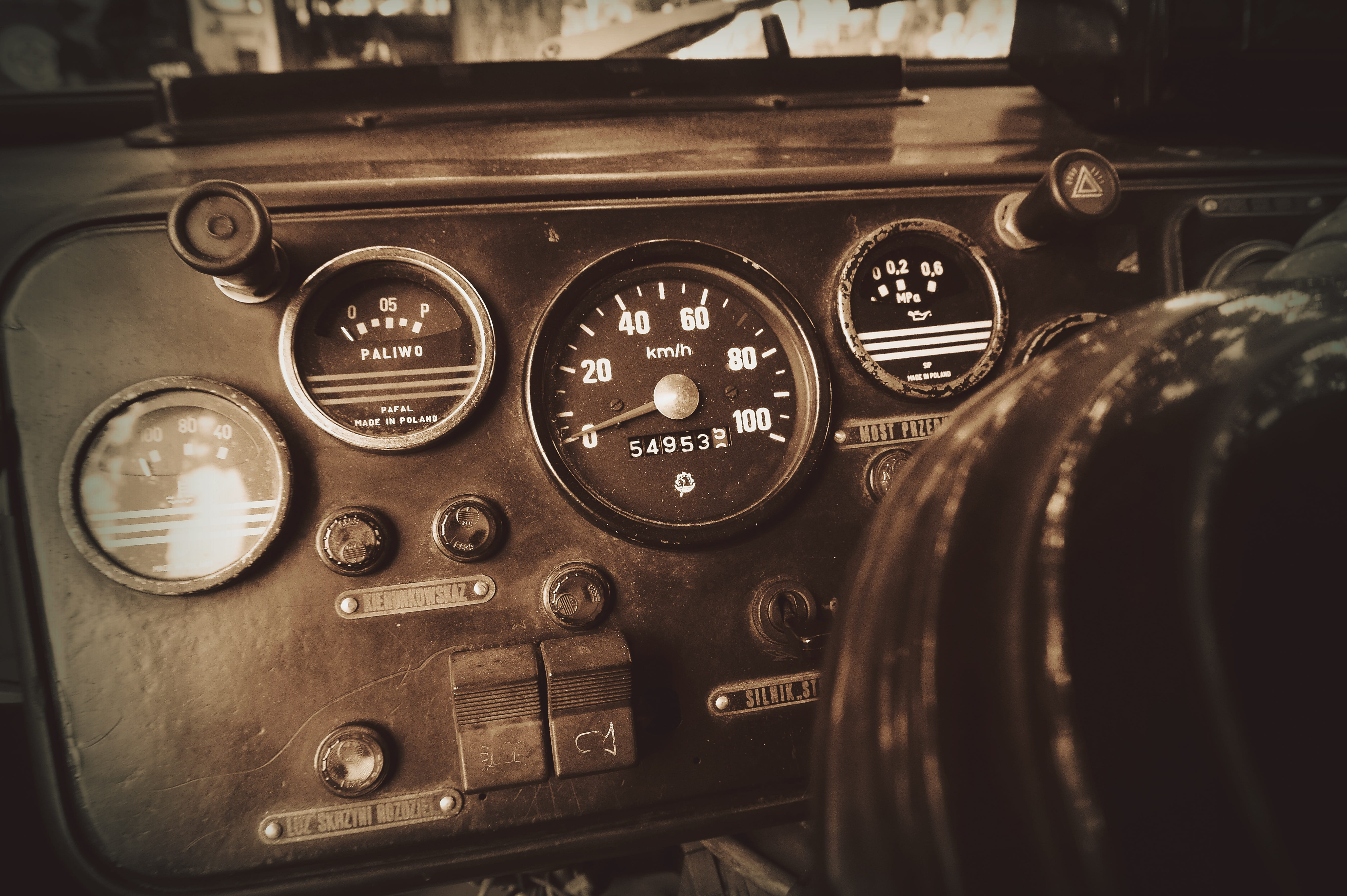 retro car, mode of transportation, control panel, retro, old cars, car, old auto, Fire, Sepia, selective focus, indoors, no people, speedometer, cluster, HD Wallpaper