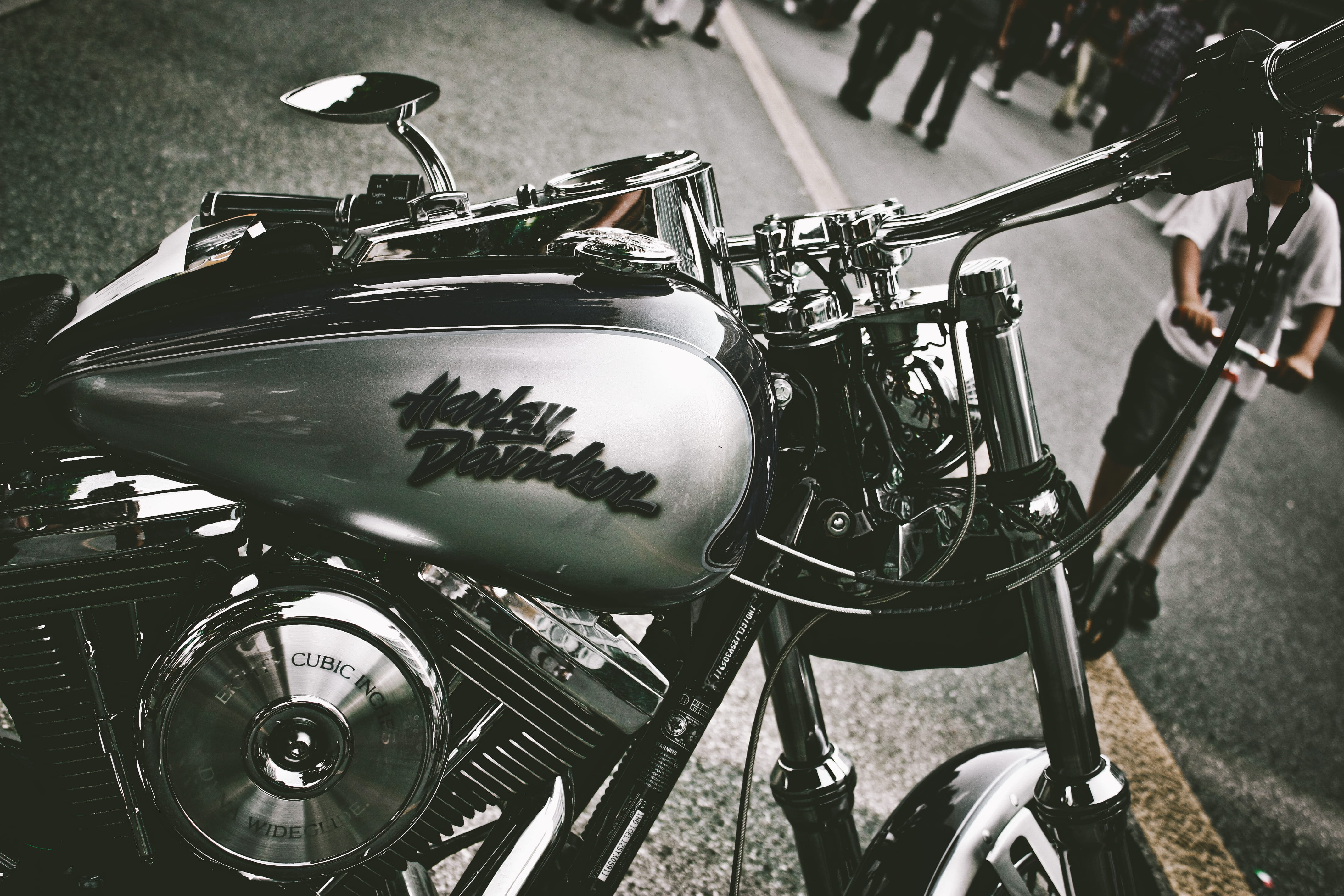 day, stationary, urban, shiny, headlights, engine, chrome, crowd, modern, motorcycle, street, metal, design, blurred background, motor, cruiser, parked, HD Wallpaper