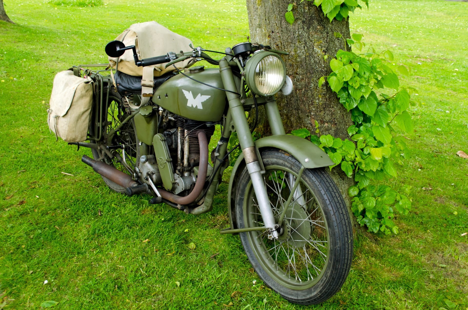 motorcycle, pedal, mode of transportation, 1080P, camouflage, grass, day, travel, background, gas, drive, field, outdoors, standard, vintage, speed, motorbike, HD Wallpaper