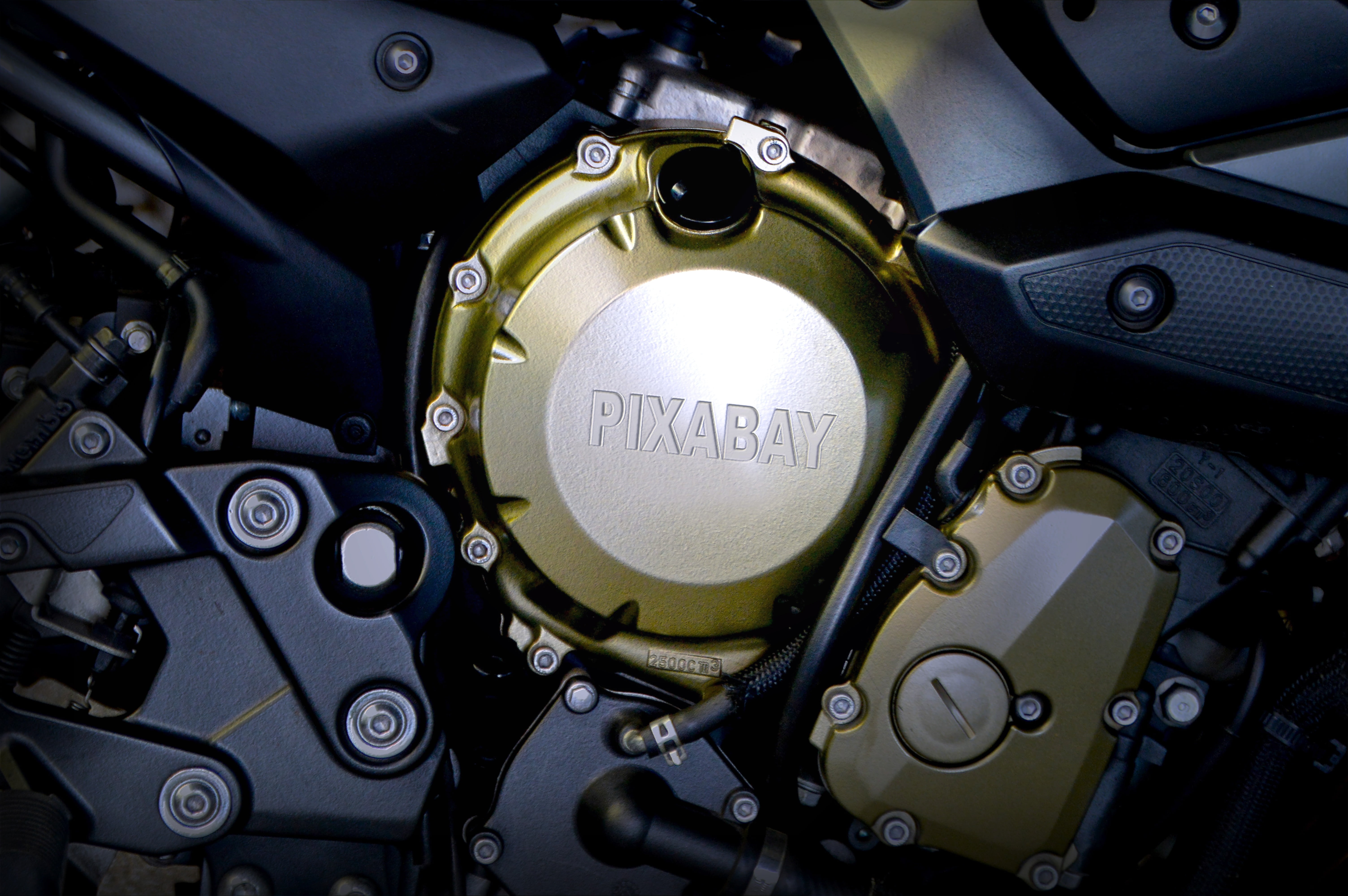 screw, engine, transportation, metal, machinery, gold, construction, motorcycle, close-up, logo, image editing, backgrounds, black, full frame, bright, HD Wallpaper