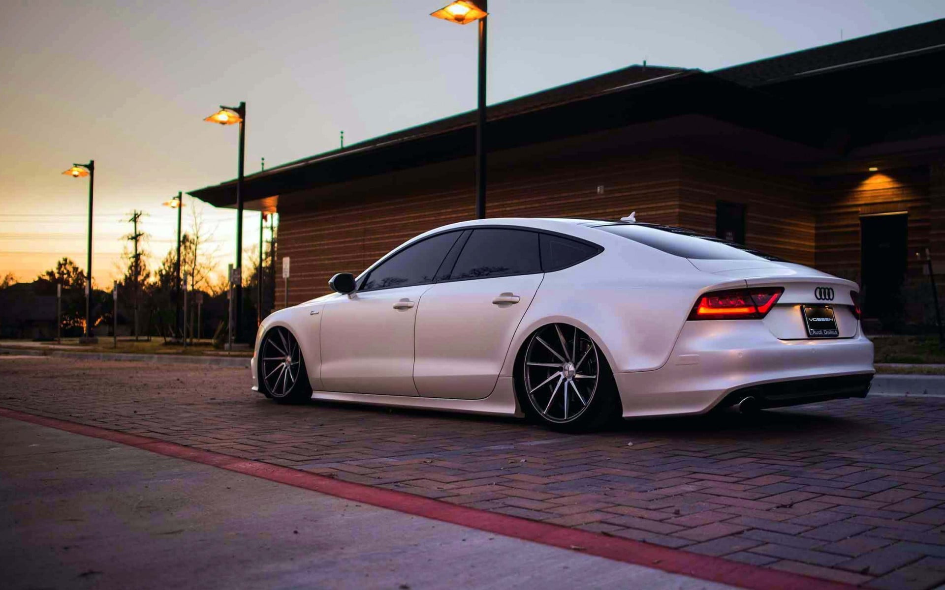 sky, transportation, luxury, lighting equipment, hatchback, road, building exterior, architecture, nature, street light, street, Audi, red, no people, outdoors, HD Wallpaper