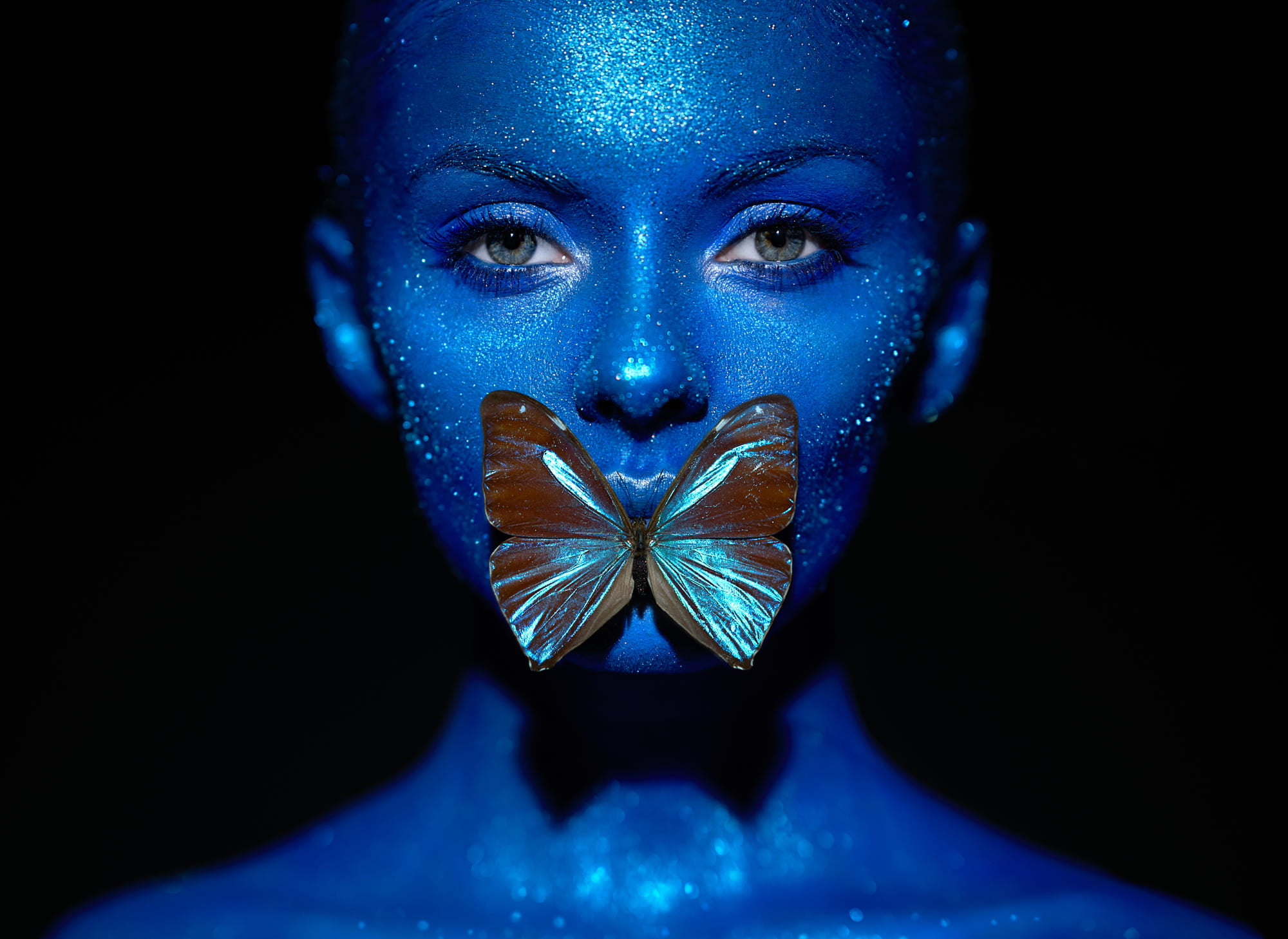 fashion, butterfly, portrait, Oleg Gekman, 1080P, women, face paint, blue, HD Wallpaper