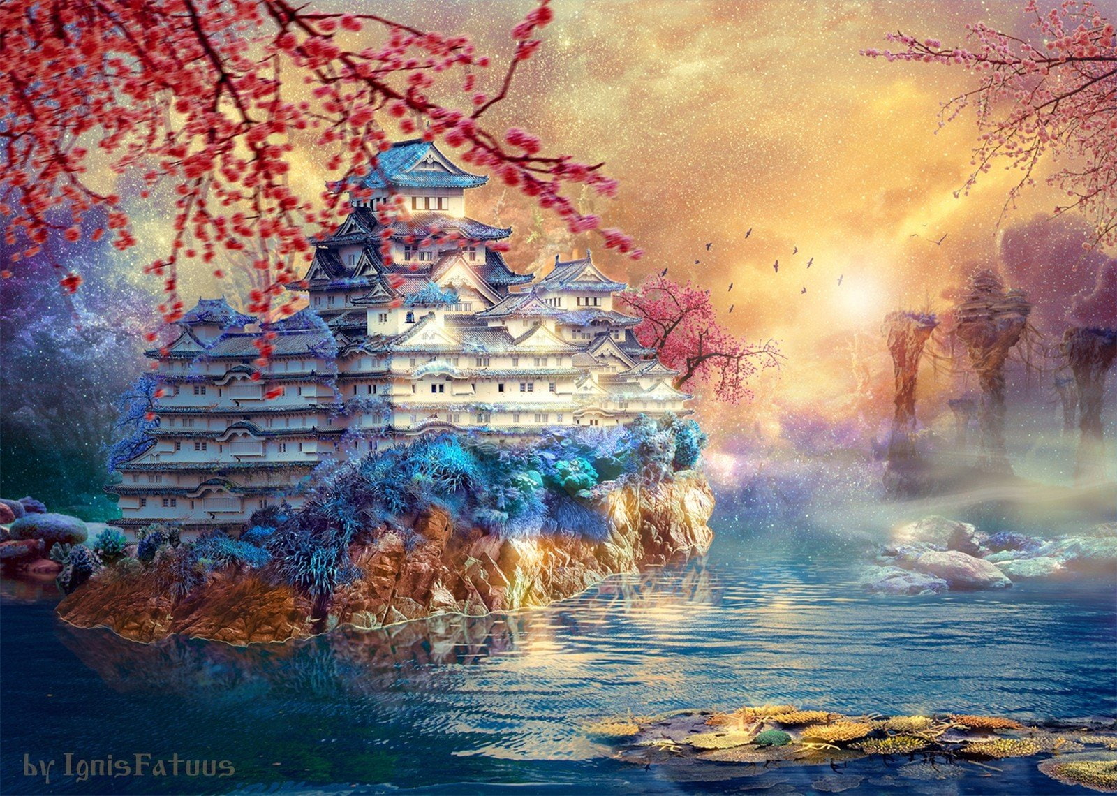 castle, Fall, 720P, Trees, water, pond, sky, Asian Architecture, Retouching, HD Wallpaper