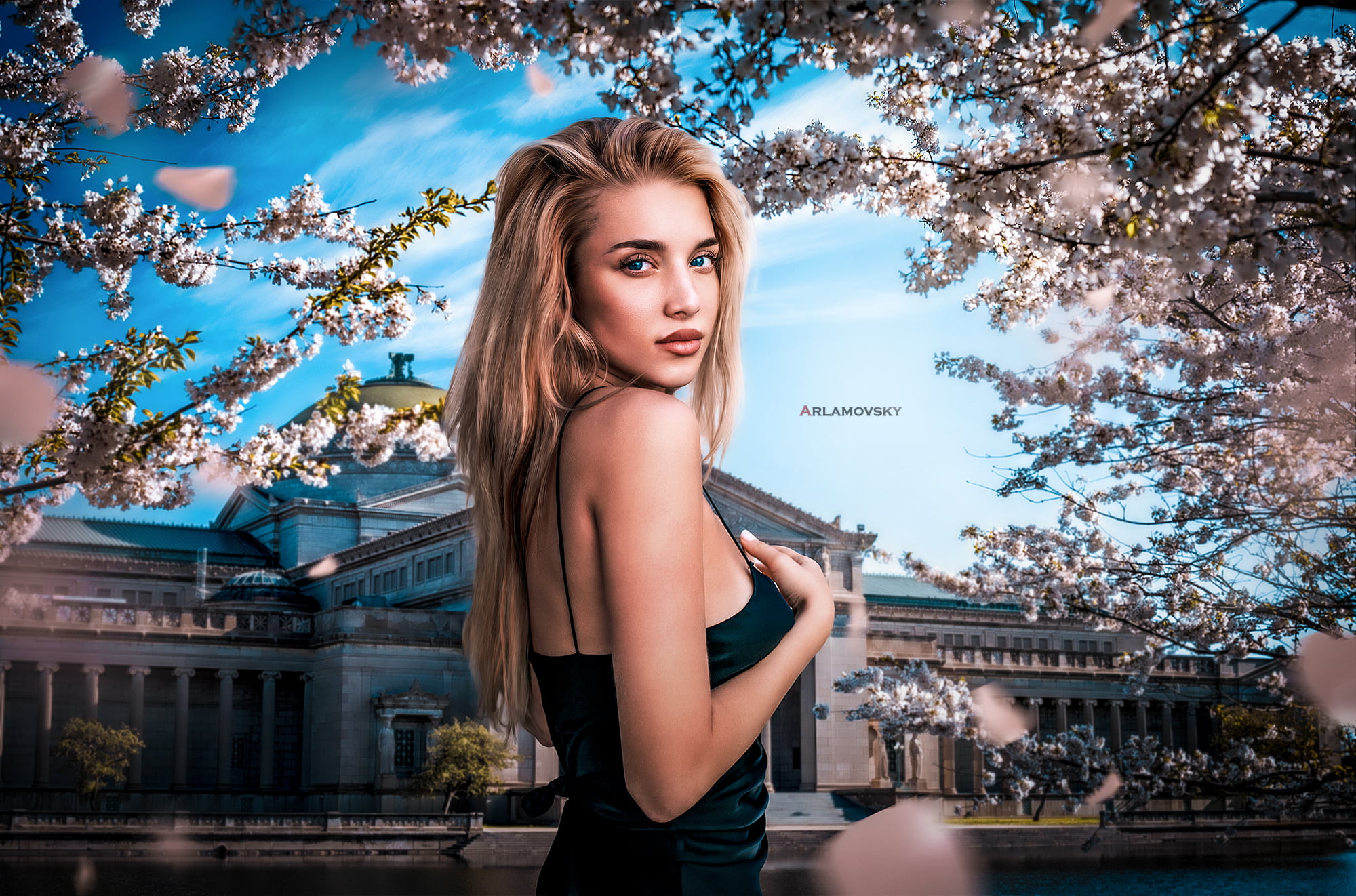 1080P, fantasy art, spring, retouching, blonde, long hair, artwork, blue eyes, arlamovsky, digital painting, Photoshop, HD Wallpaper