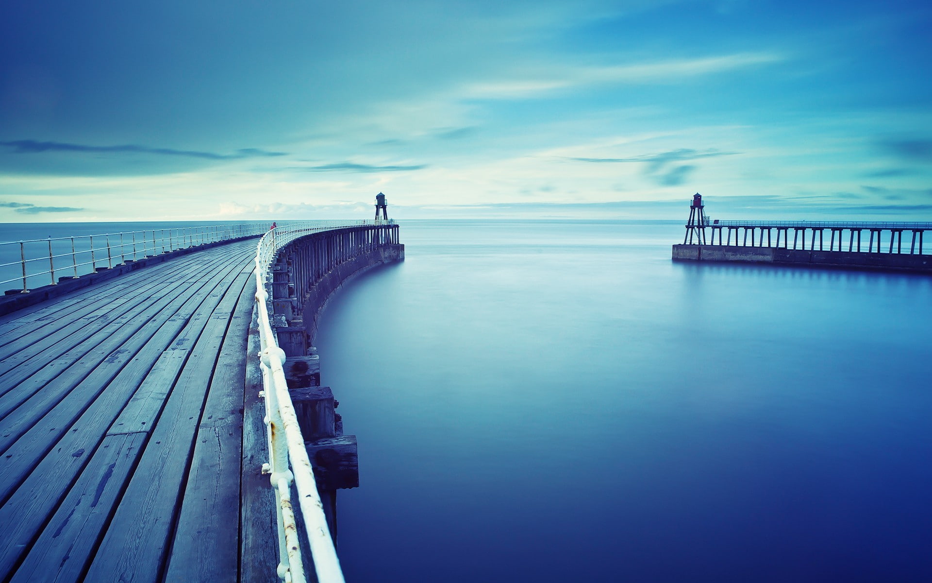 pier, water, horizon, cyan, sea, sky, 1080P, calm, lighthouse, blue, calm waters, HD Wallpaper