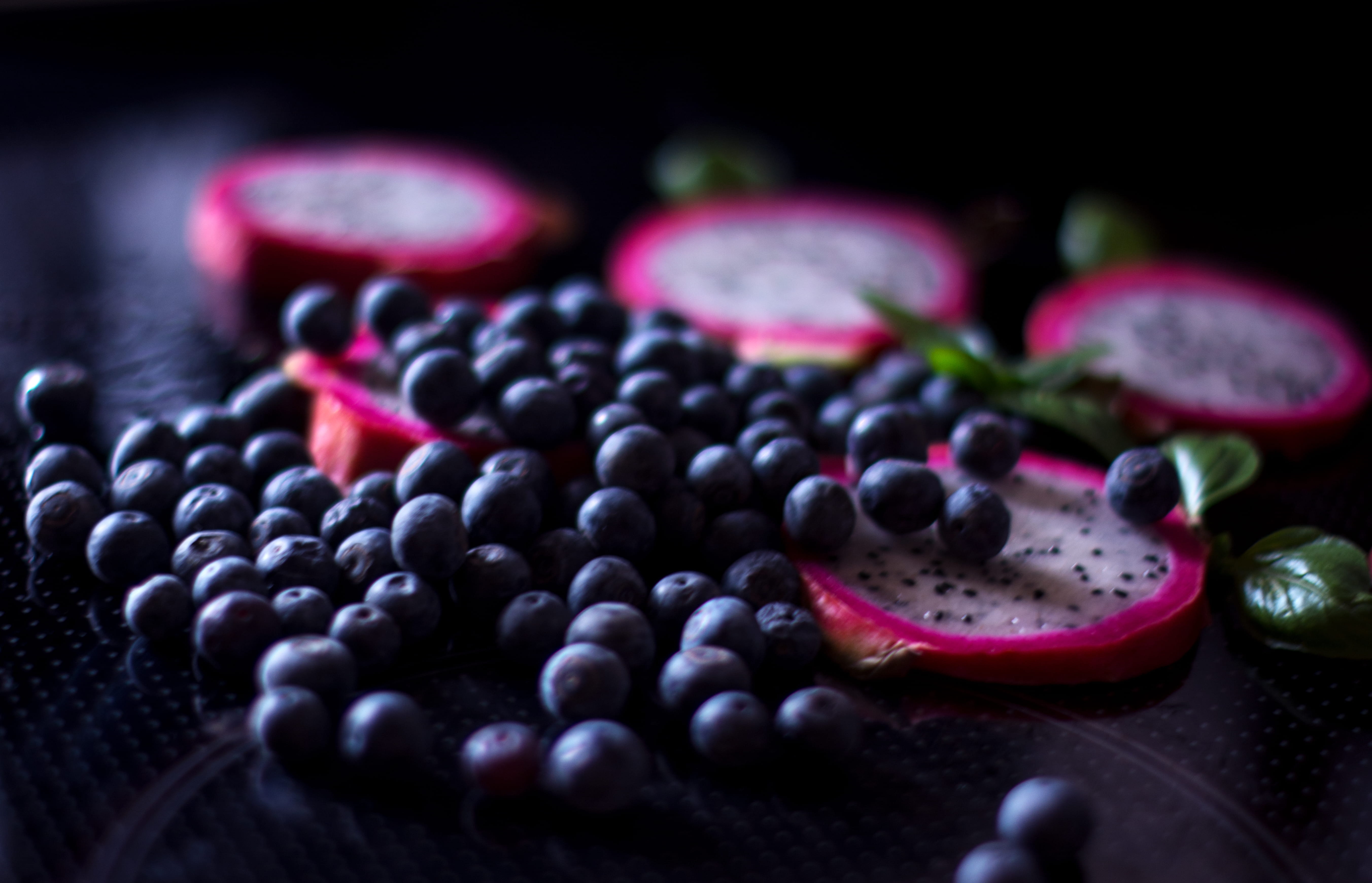 no people, indoors, blackberry - fruit, berries, freshness, food And Drink, dark, close up, black background, bluberries, purple, table, 5K, still life, HD Wallpaper