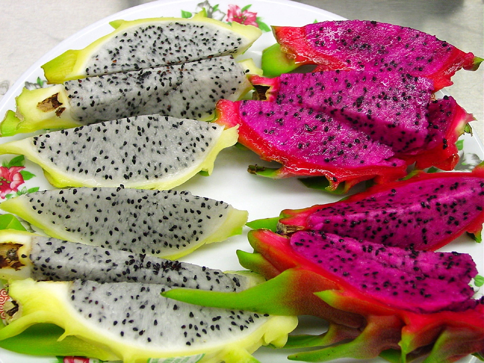 sliced, still life, no people, indoors, tropical, dragon fruit, edible, slice, pitahaya, pitaya, plate, colorful, fruit, cross section, slices, crockery, HD Wallpaper