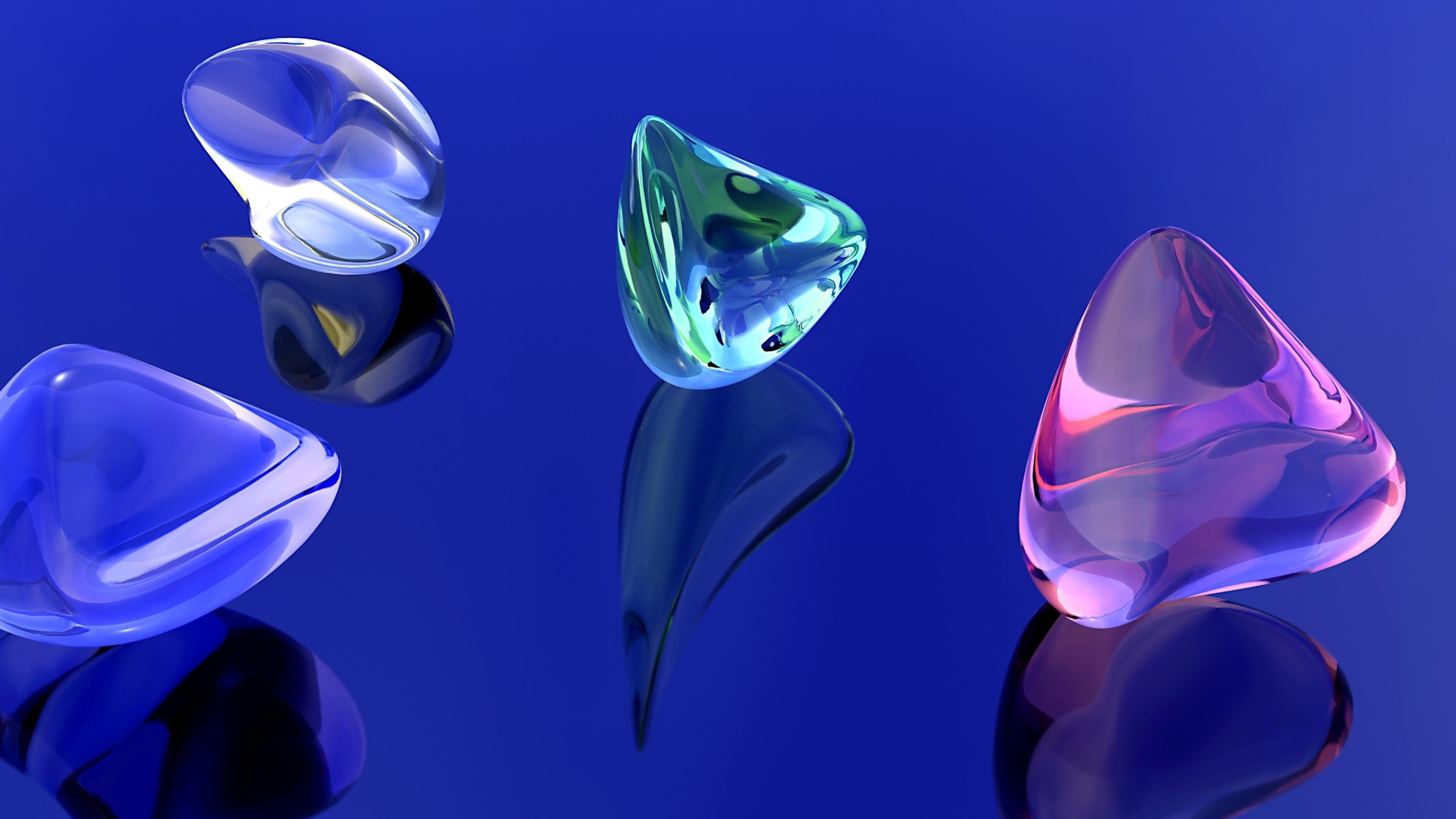 3d, glass, digital composite, blue background, gems, gem, sea life, animal wildlife, close-up, digital art, swimming, 4K, marine, nature, indoors, sea, HD Wallpaper