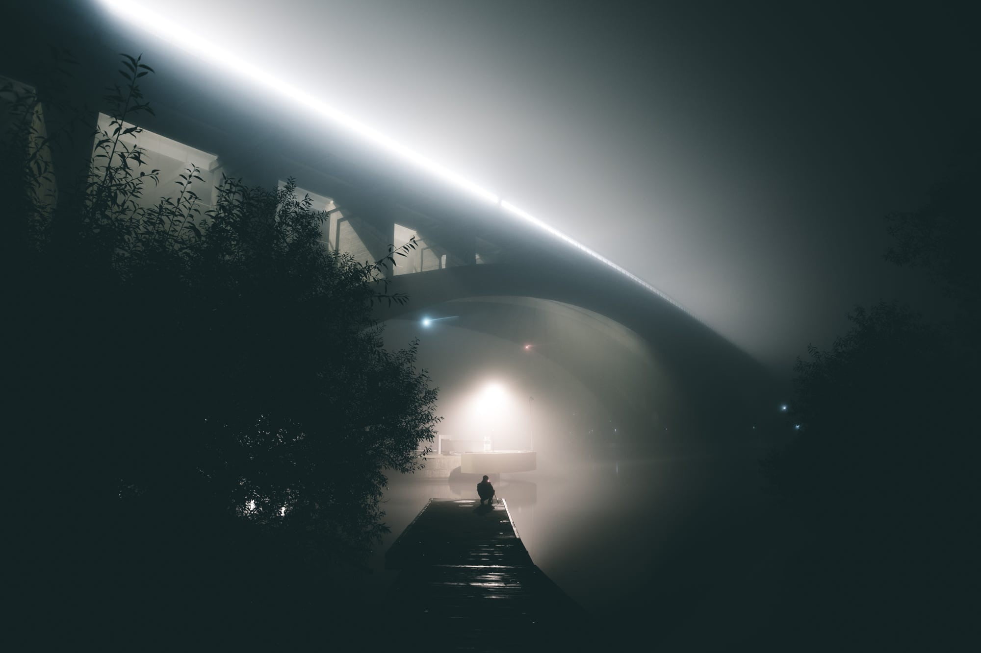 body, built structure, trees, tree, lighting equipment, direction, railway, plant, water, footpath, railing, no people, the way forward, dark, sky, 1080P, HD Wallpaper