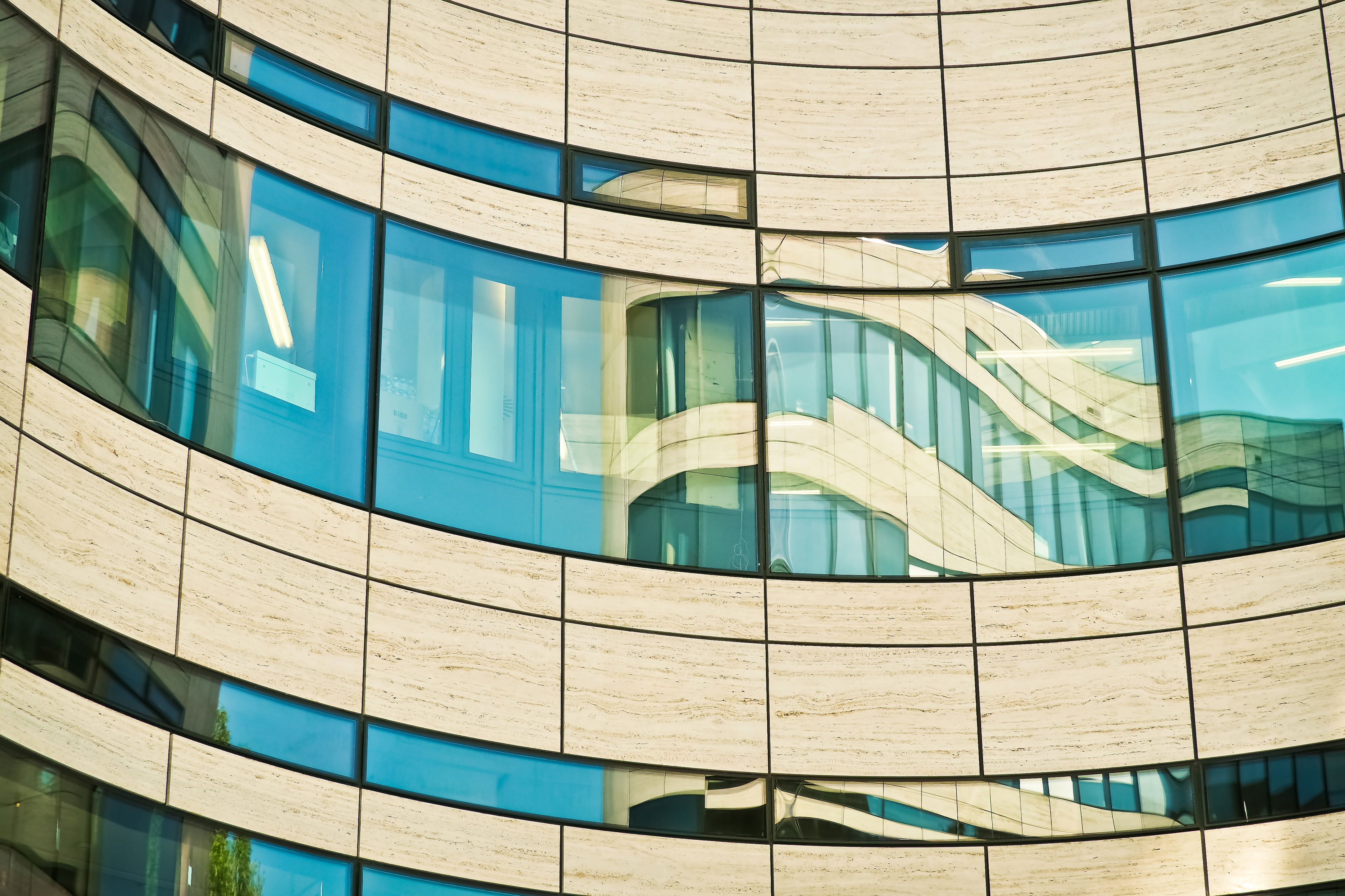 blue, city, office, glass facades, glass front, home, glass, reflection in the window, kö bow, office building exterior, modern architecture, turquoise colored, HD Wallpaper