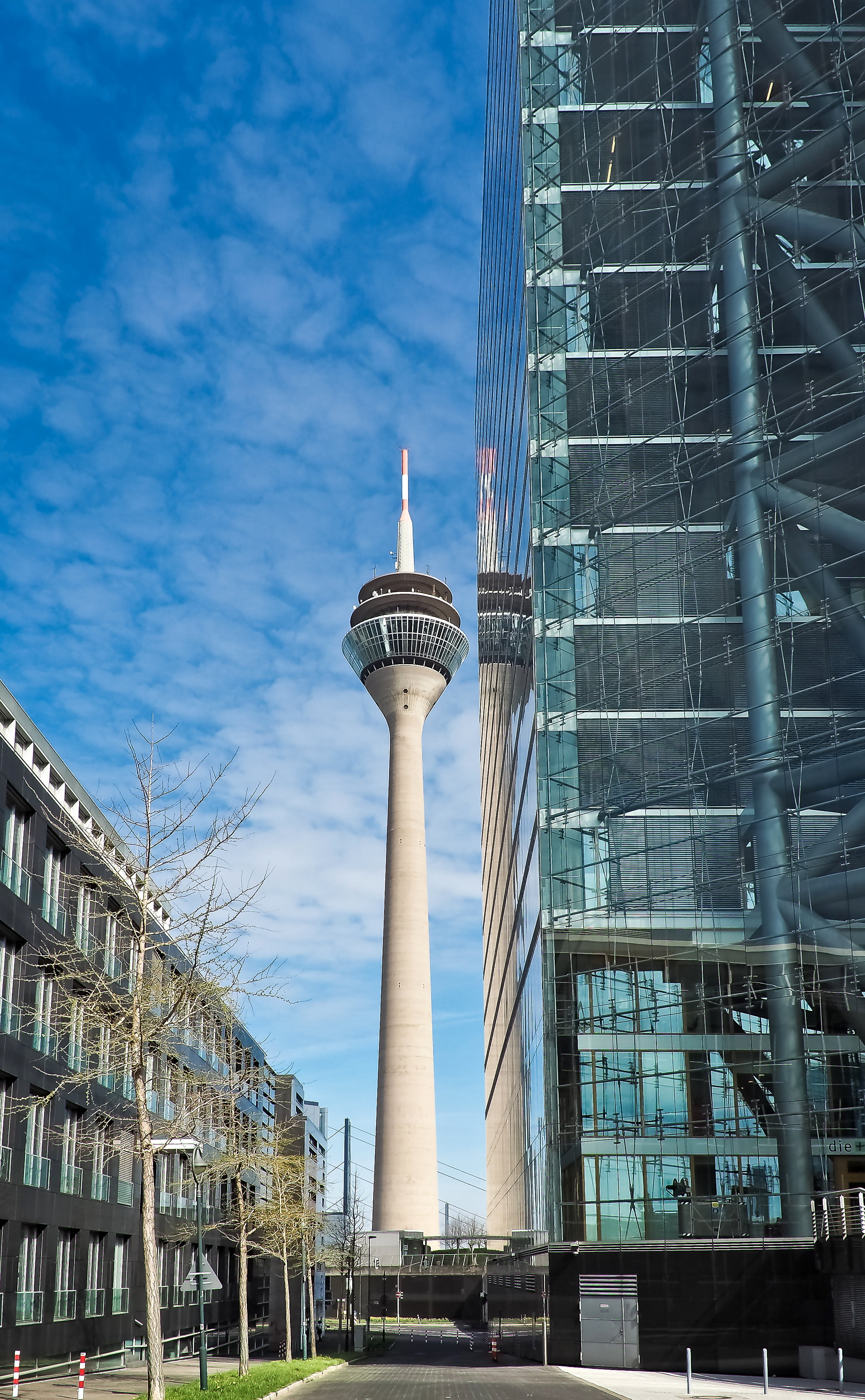 blue, tall - high, rhine tower, home, interesting, tv tower, abstract, glass, 4K, skyscraper, office building, modern, tower, office building exterior, Phone HD Wallpaper
