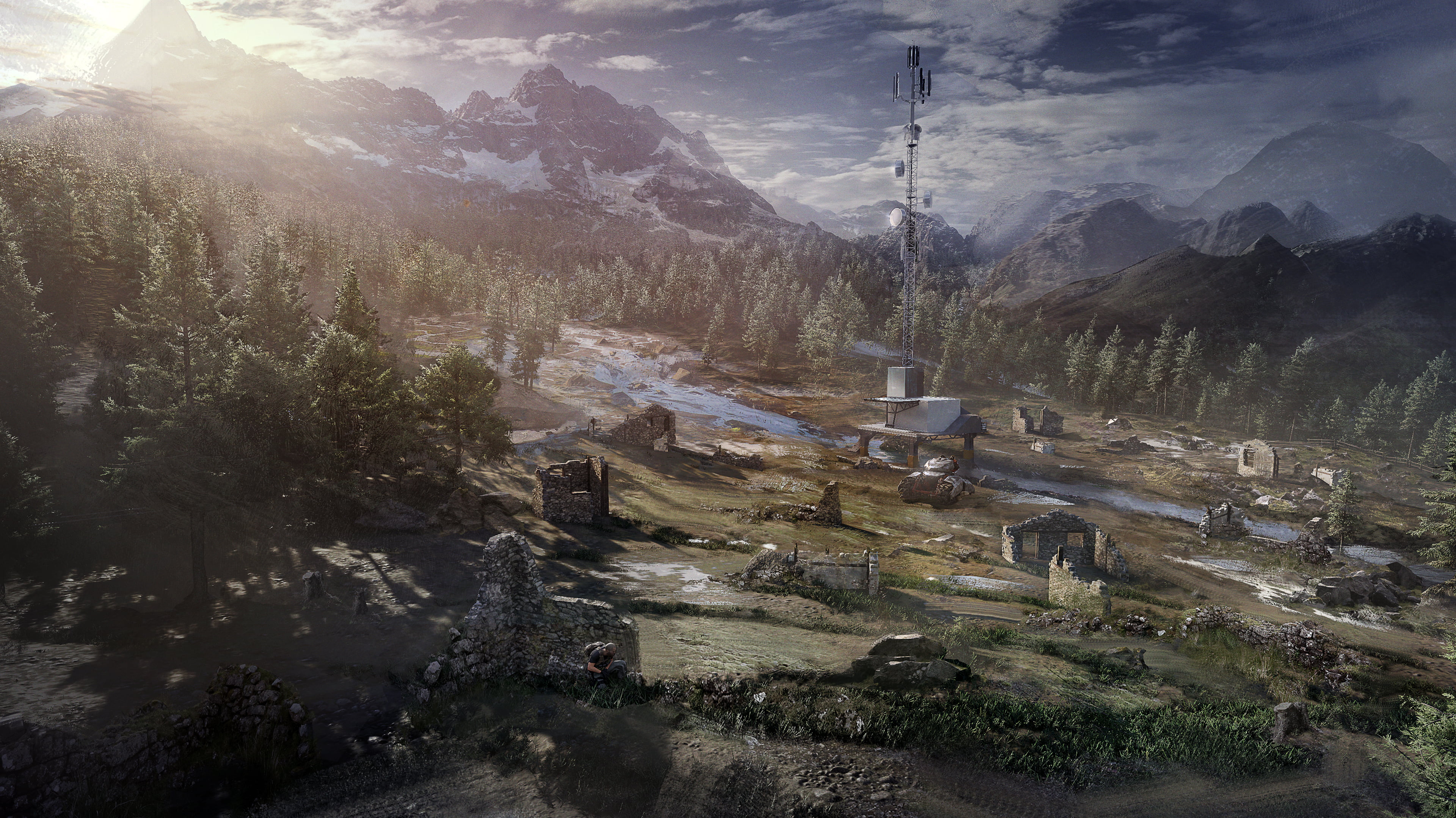drone, concept art, antenna, Ghost Recon Breakpoint, ruins, forest, Auroa, 4K, mountains, HD Wallpaper