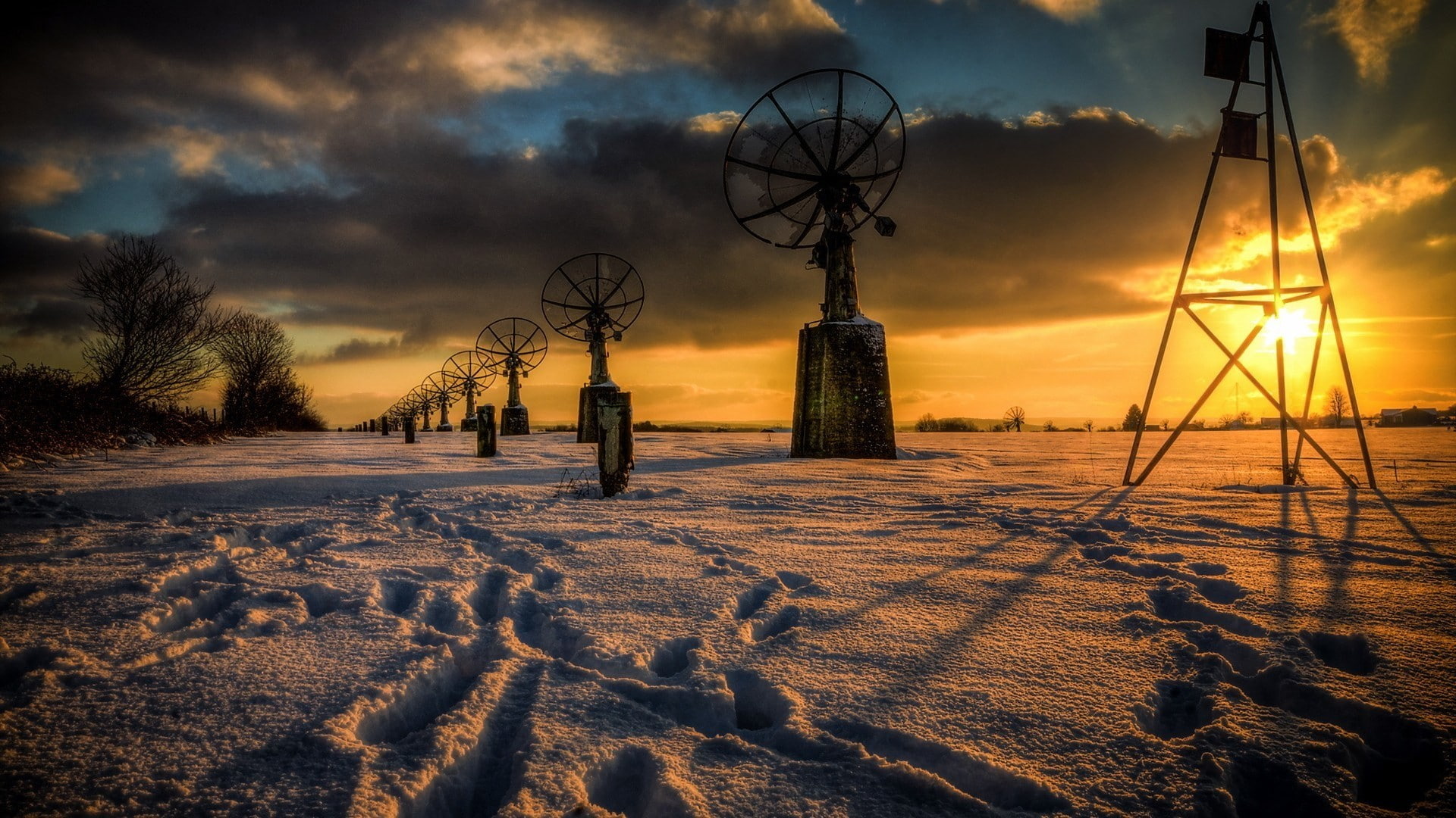 plant, cold temperature, sun rays, satellite, HDR, winter, sunlight, trees, field, environment, no people, frozen, cloud - sky, landscape, covering, sky, HD Wallpaper