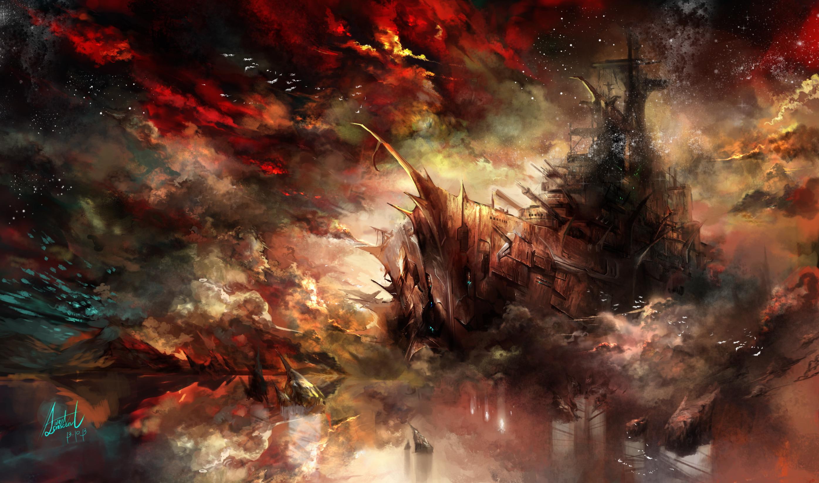 fantastic world, ships, world, 2K, fantasy, fantastic, technics, HD Wallpaper