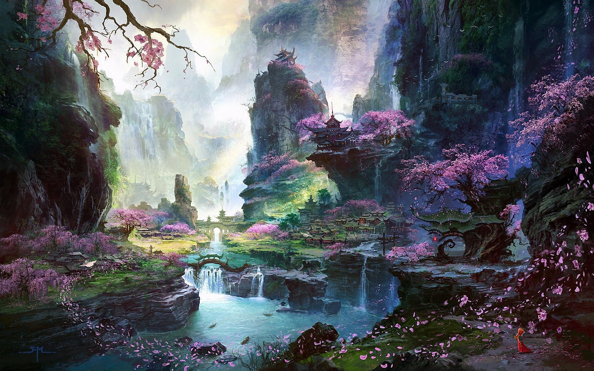 Painting, Fantastic, Oriental, 1080P, landscapes, World, Landscape, Spring, HD Wallpaper