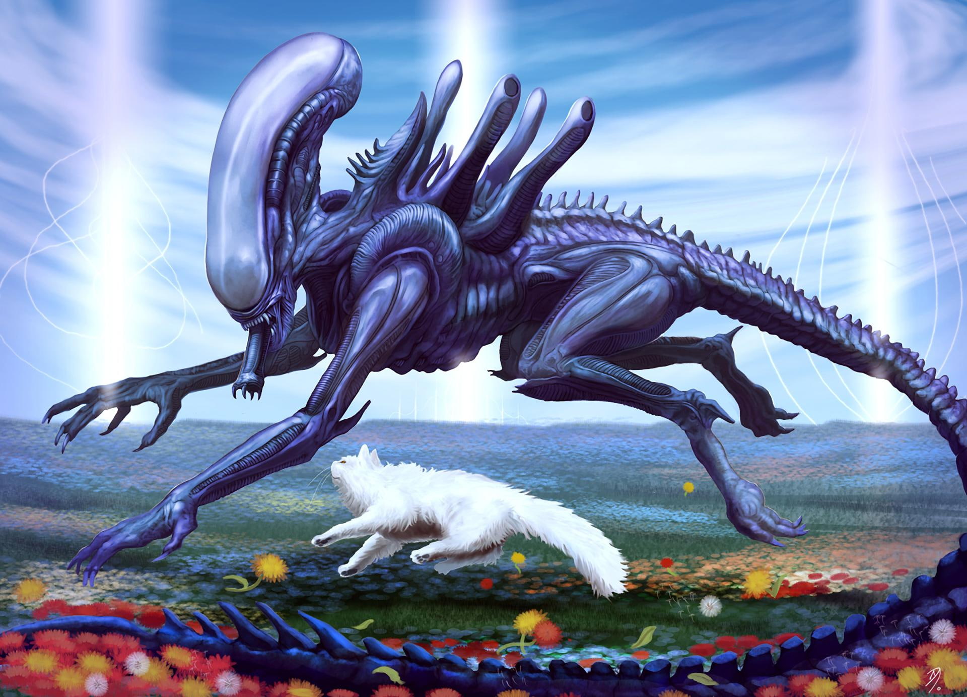 white, cat, alien, painting, 3d and abstract, plays, 1080P, fantasy, HD Wallpaper