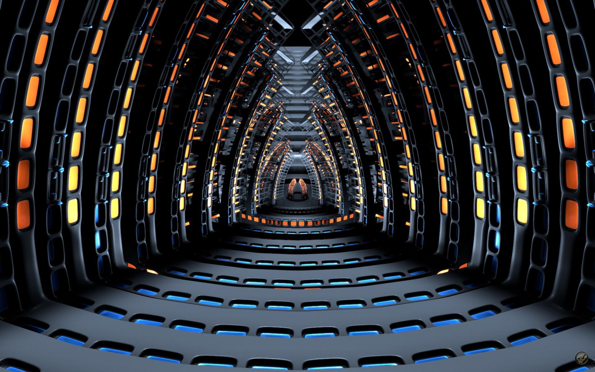 gray, pass, 3d, tunnel, orange, 3d and abstract, space, yellow, 1080P, ship, hall, alien, HD Wallpaper